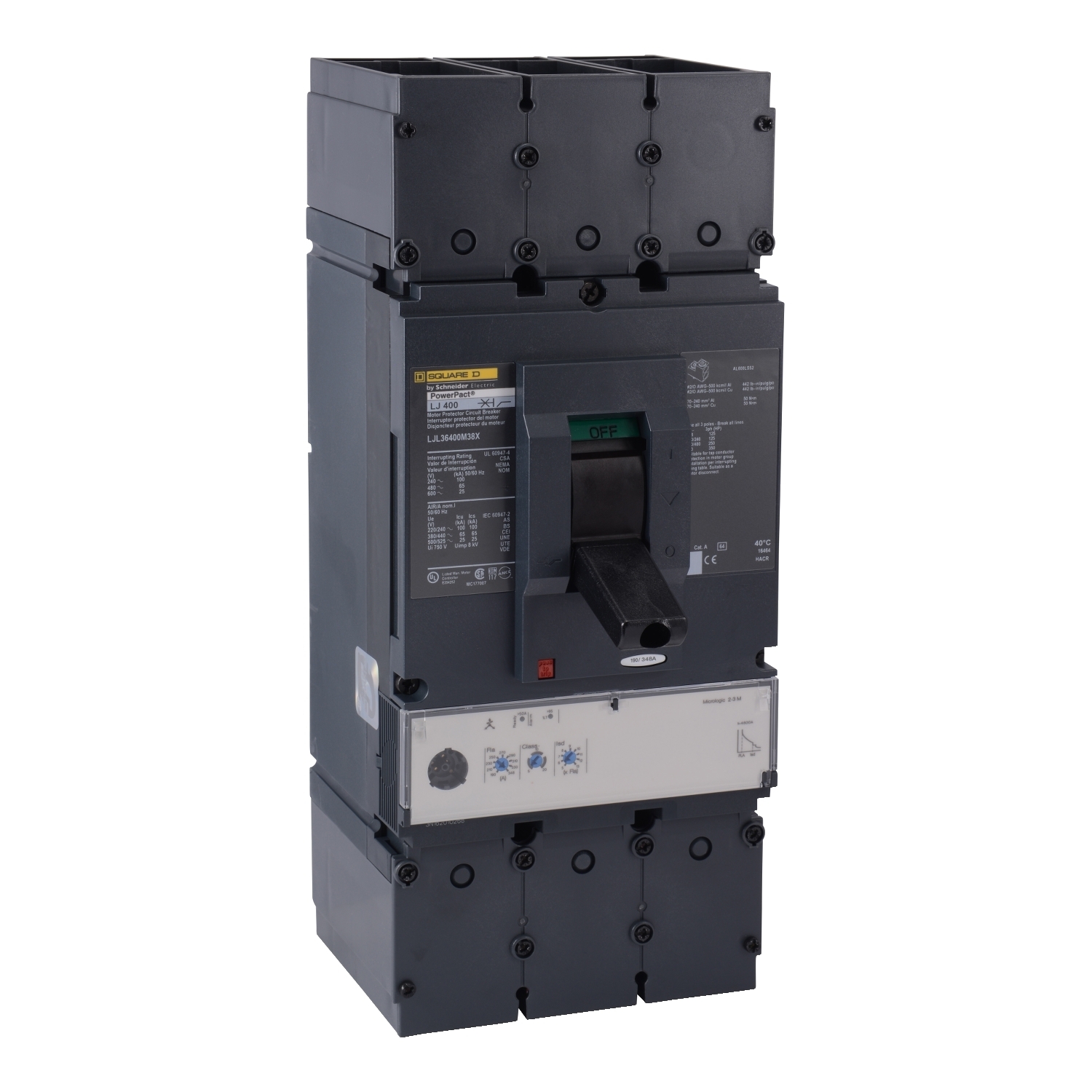 Motor circuit protector, PowerPacT L, 400A, 3 pole, 600VAC, 25kA, lugs, MicroLogic 2.3M, 80%