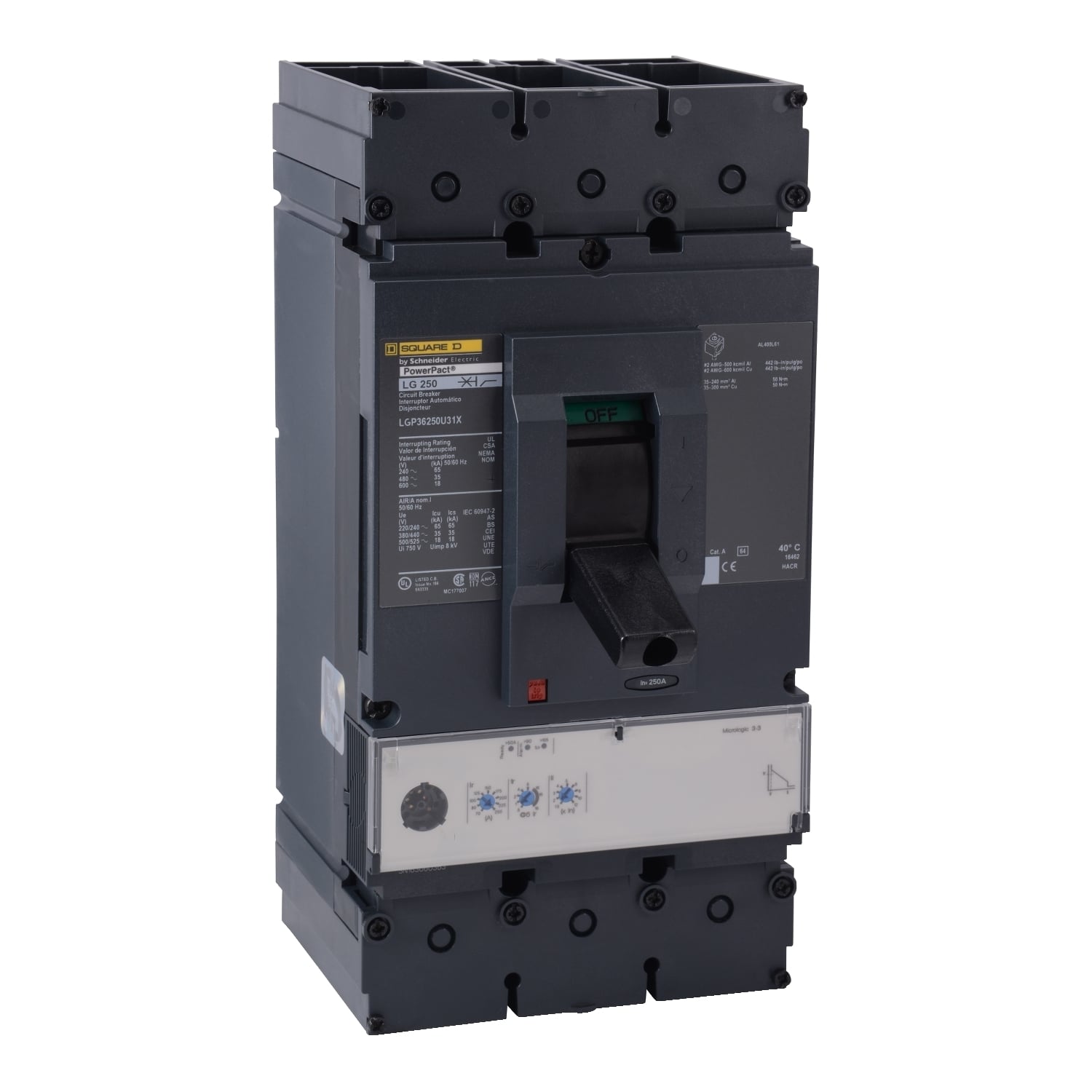 Circuit breaker, PowerPacT L, 250A, 3 pole, 600VAC, 25kA, lugs, MicroLogic 3.3, 80%