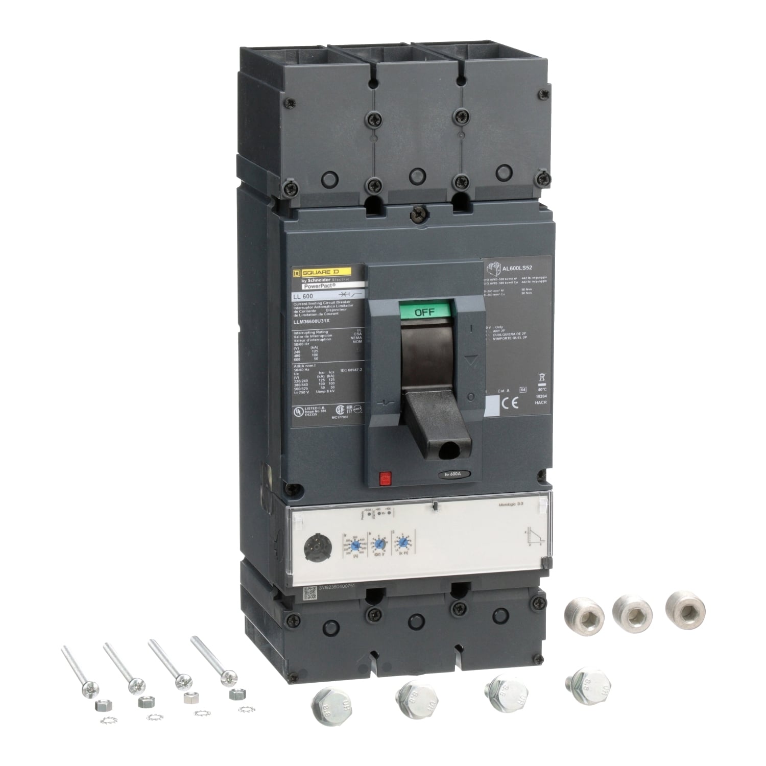 Circuit breaker, PowerPacT L, 600A, 3 pole, 600VAC, 50kA, lugs, MicroLogic 3.3, 80%