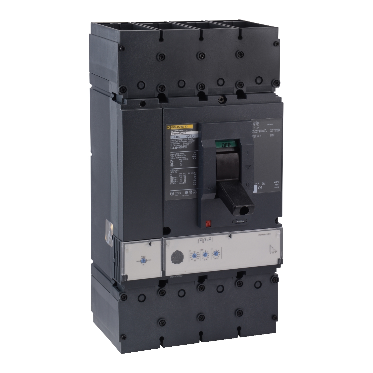 Circuit breaker, PowerPacT L, 600A, 3 pole, 600VAC, 100kA, lugs, MicroLogic 3.3S, 80%