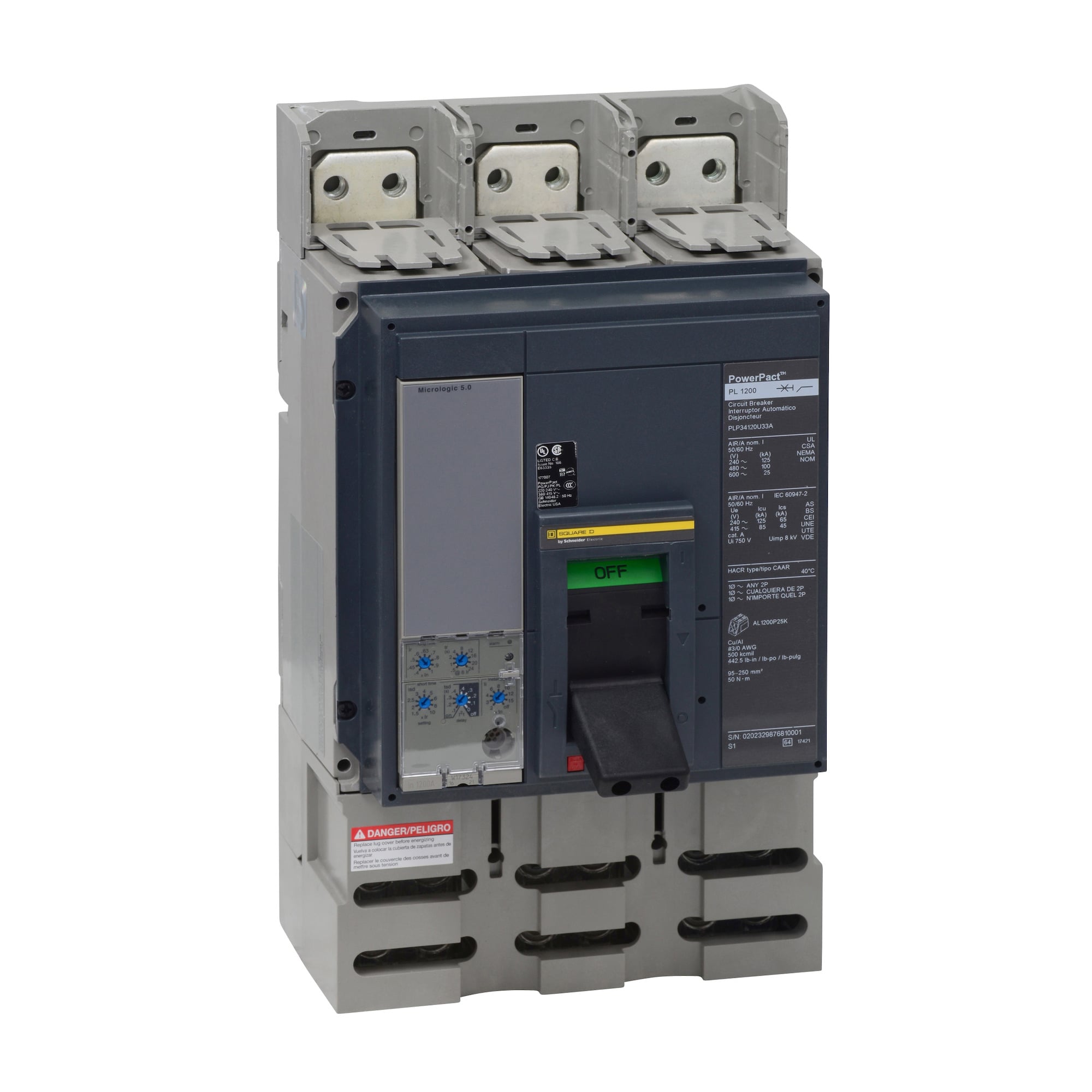 Circuit breaker, PowerPacT P, 1200A, 3 pole, 480VAC, 100kA, busbar, Micrologic 5.0, 100%, aux