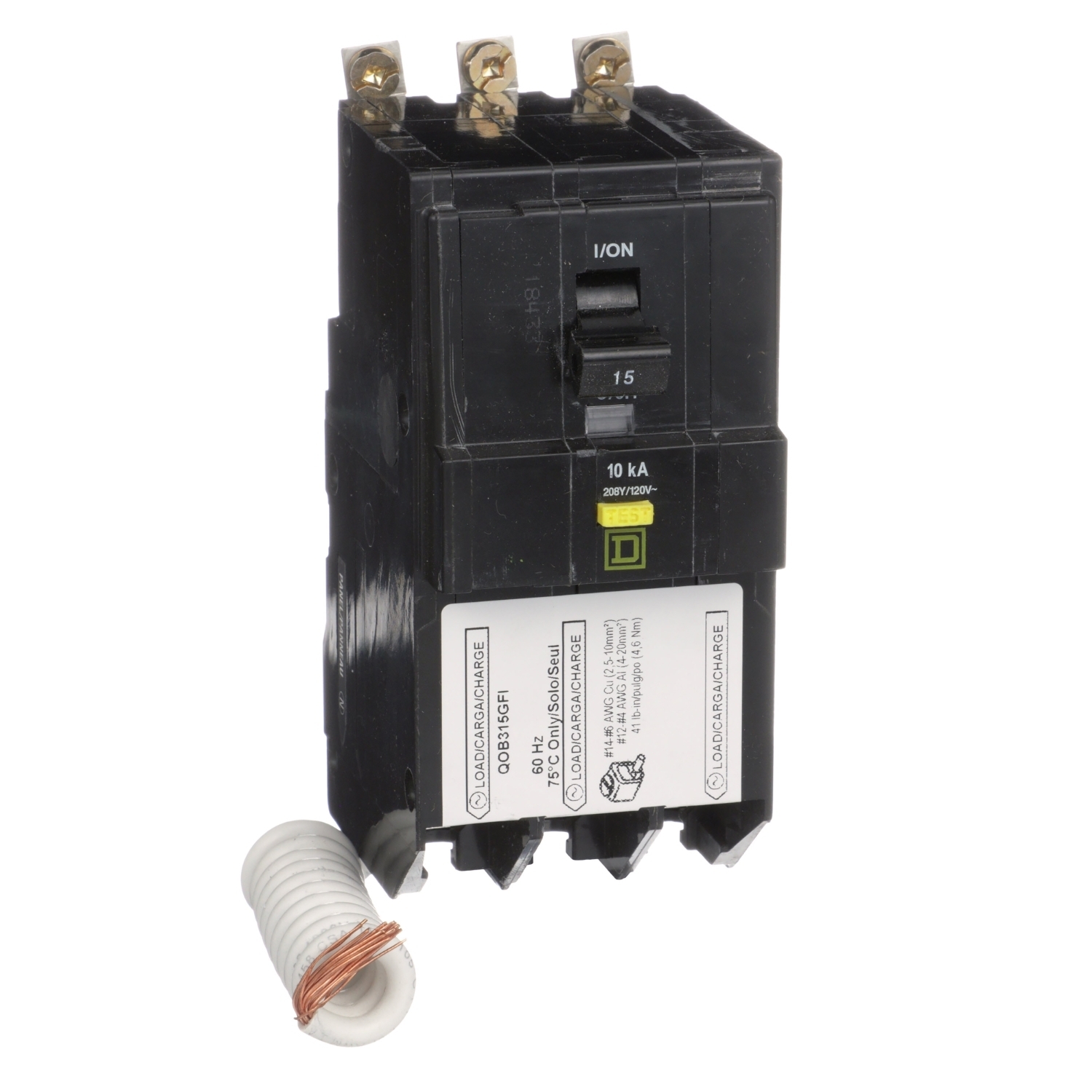 Mini circuit breaker, QO, 15A, 3 pole, 208Y/120VAC, 10kA, bolt on, 6mA grd fault A, pigtail [TAA]