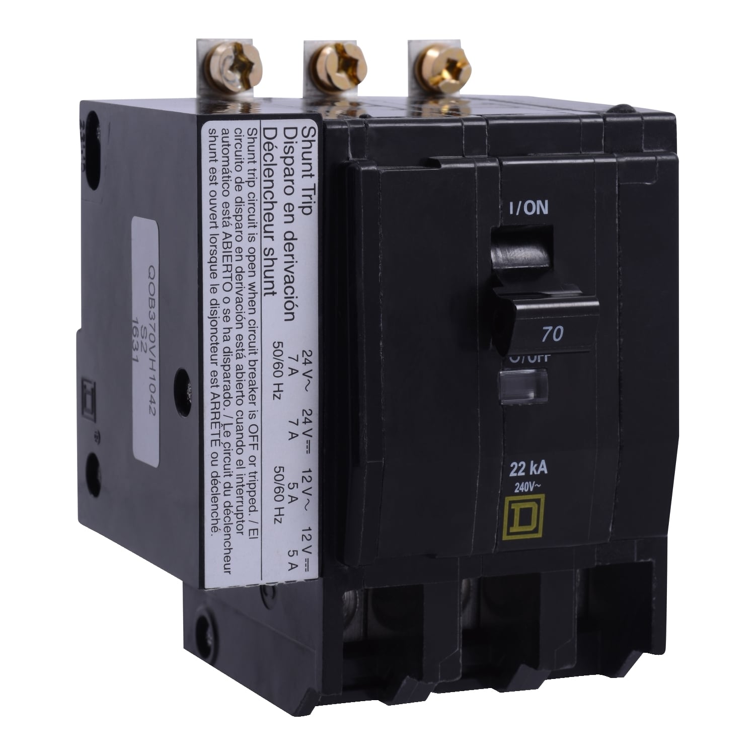 Mini circuit breaker, QO, 70A, 3 pole, 120/240VAC, 22kA, bolt on, AC/DC shunt