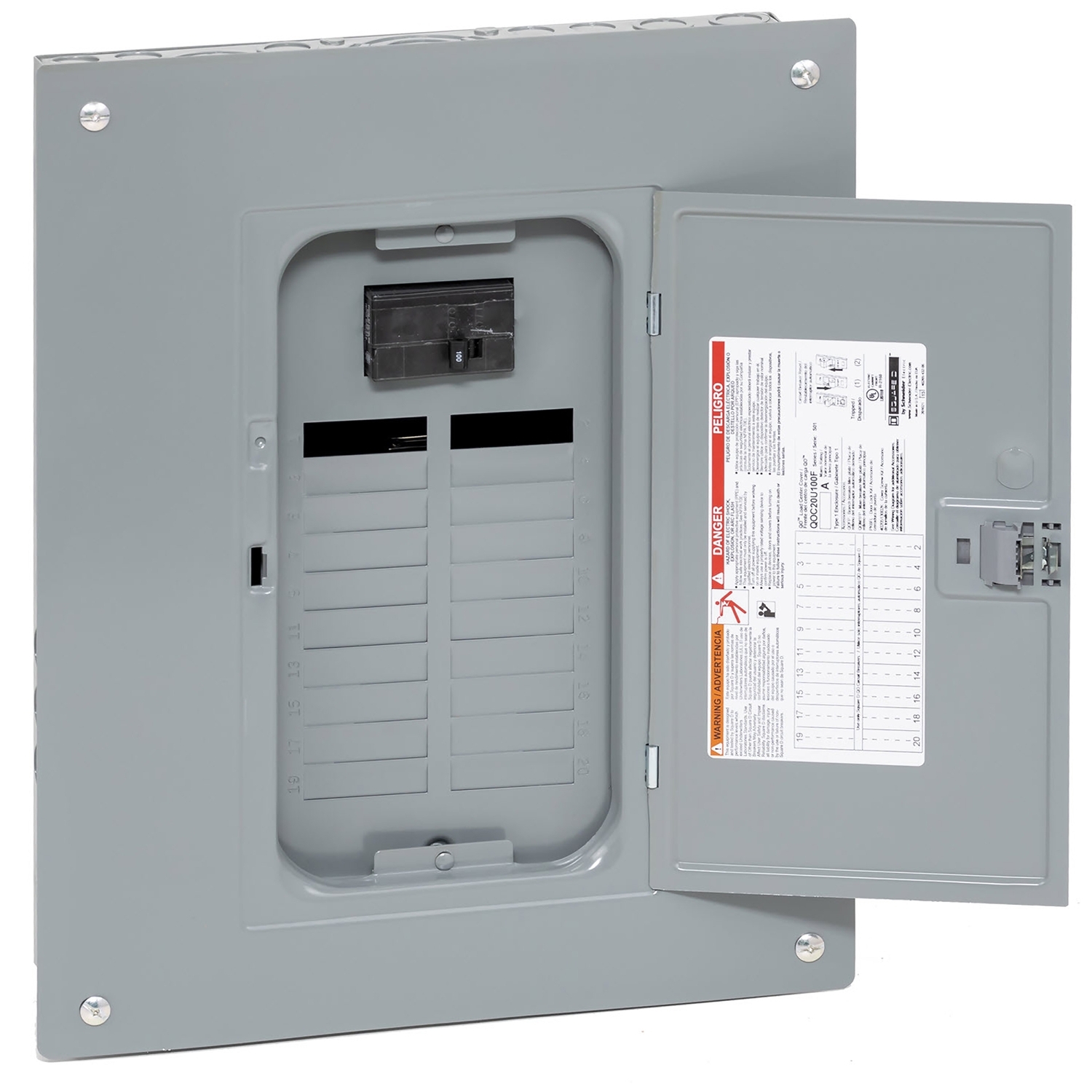 Load center, QO, 1 phase, 20 spaces, 24 circuits, 100A convertible main breaker, PoN, NEMA1, combo cover