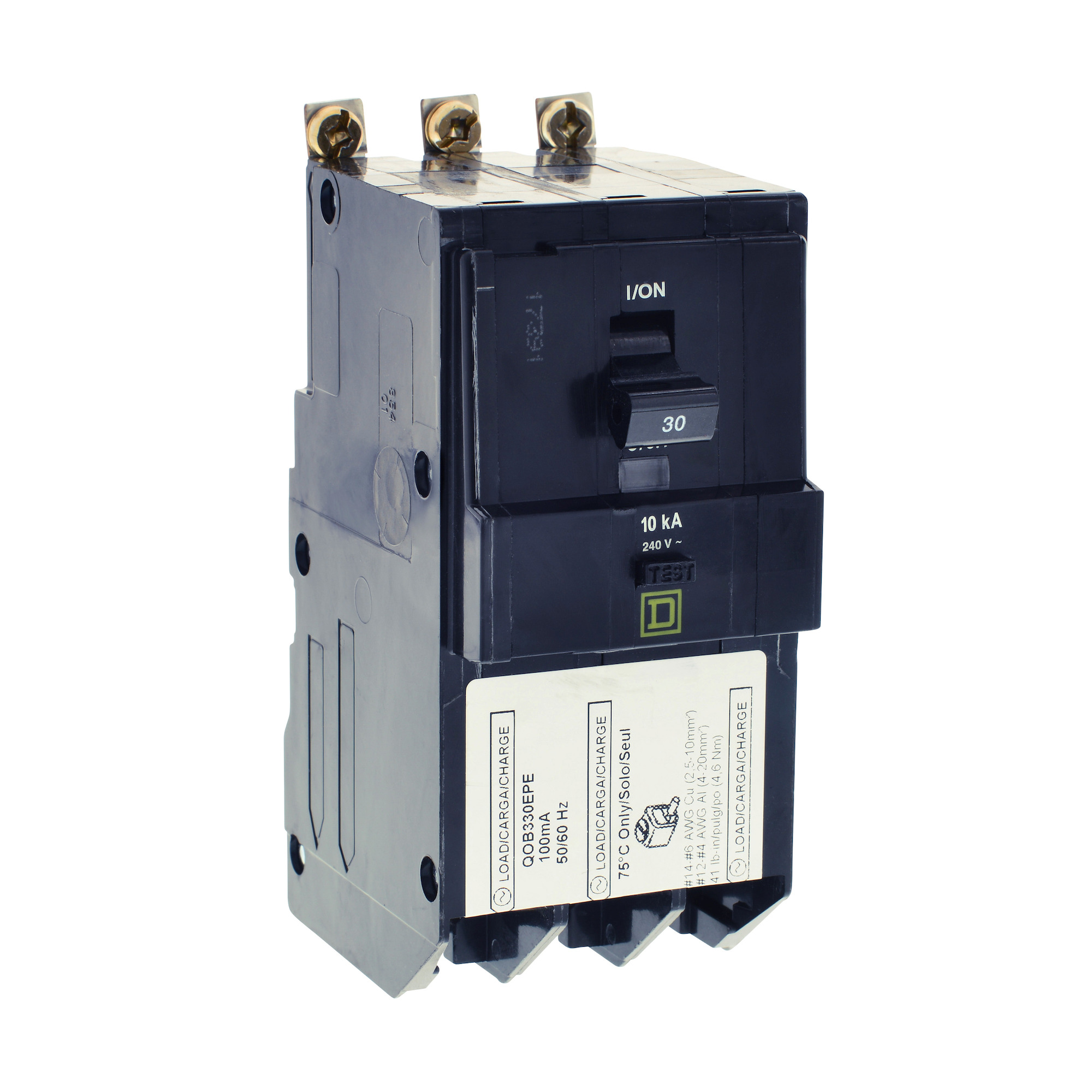 Mini circuit breaker, QO, 30A, 3 pole, 240 VAC, 10 kA, 100mA grd fault B, bolt on mount