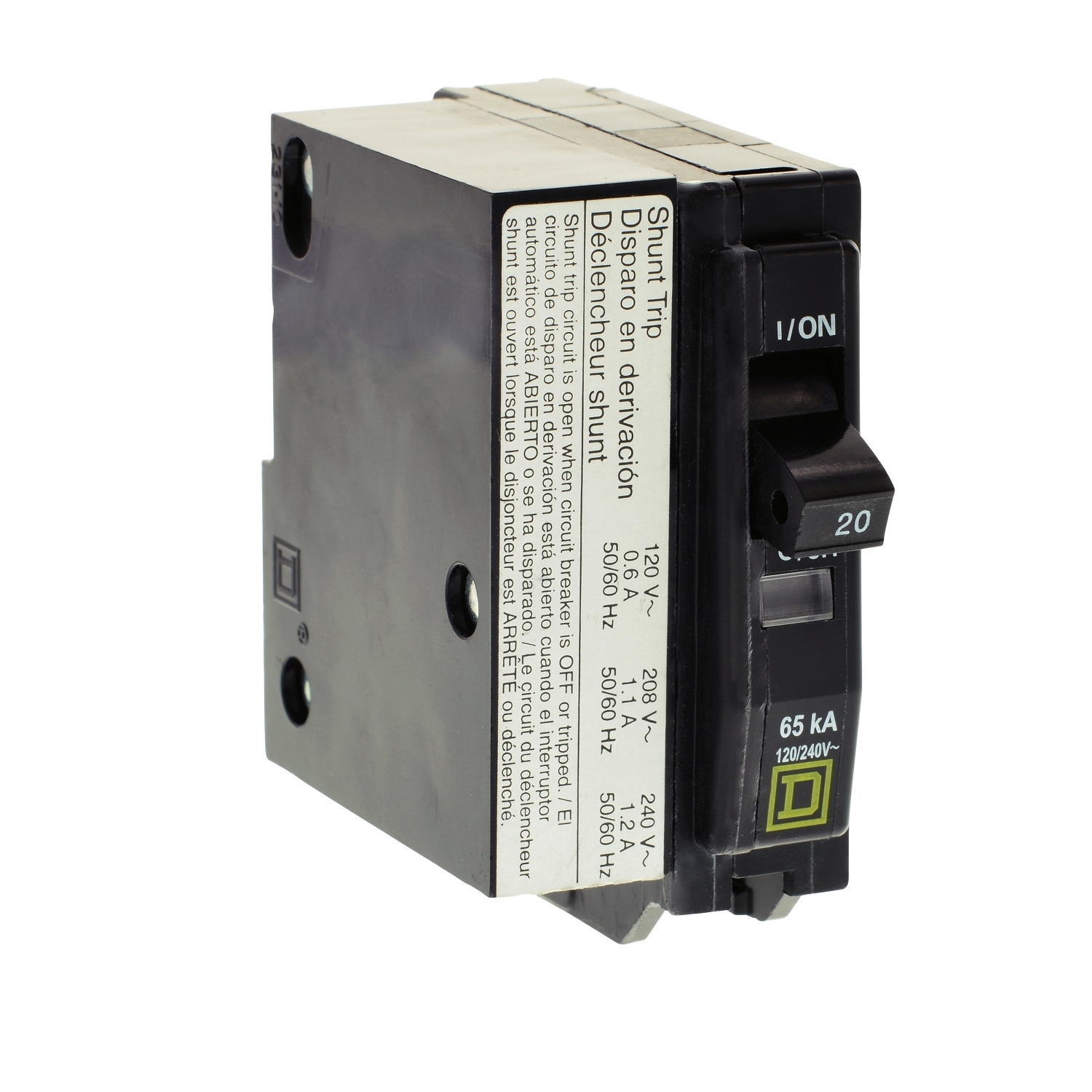 Mini circuit breaker, QO, 20A, 1 pole, 120/240VAC, 65kA, plug in, AC shunt