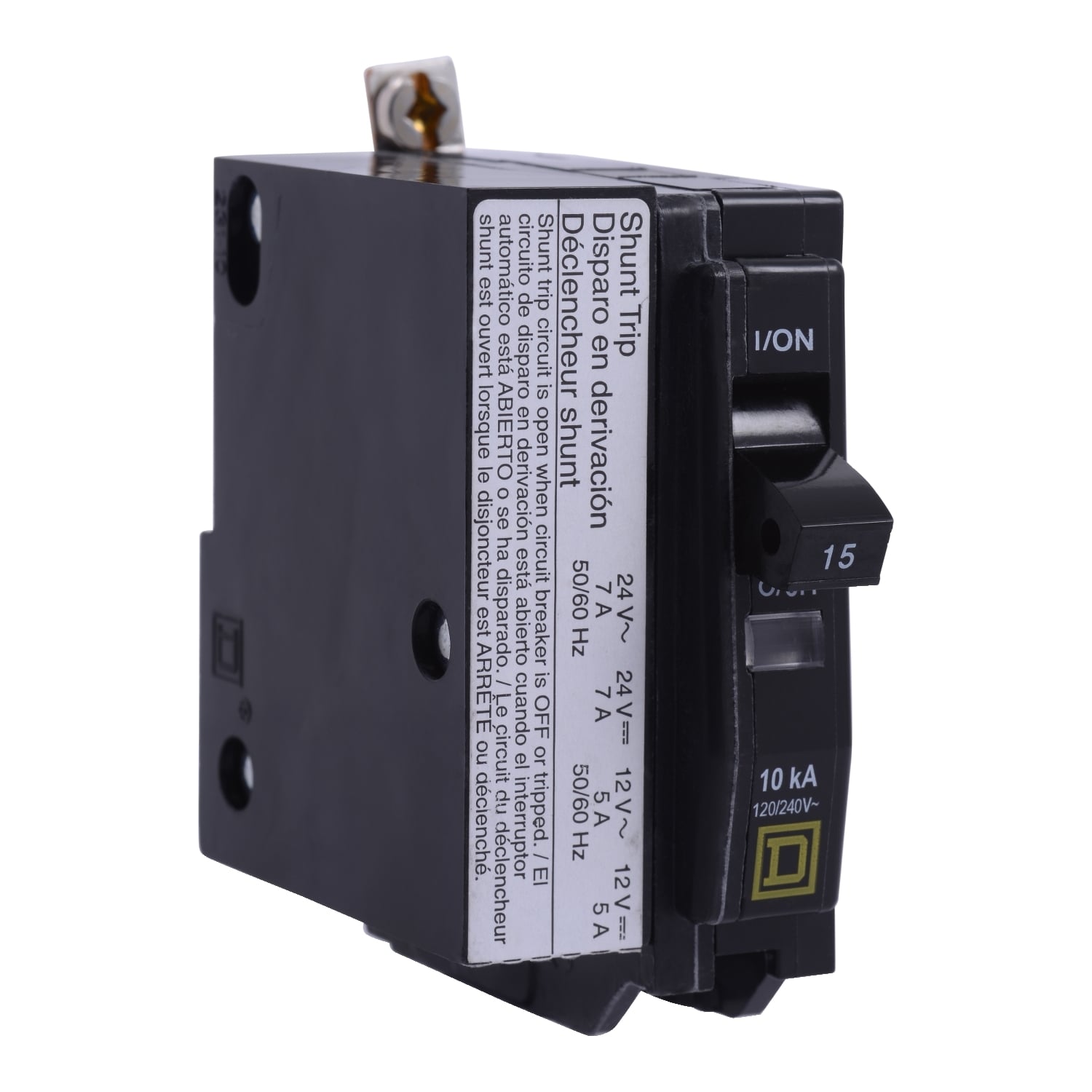 Mini circuit breaker, QO, 20A, 1 pole, 120/240VAC, 10kA, bolt on, AC/DC shunt