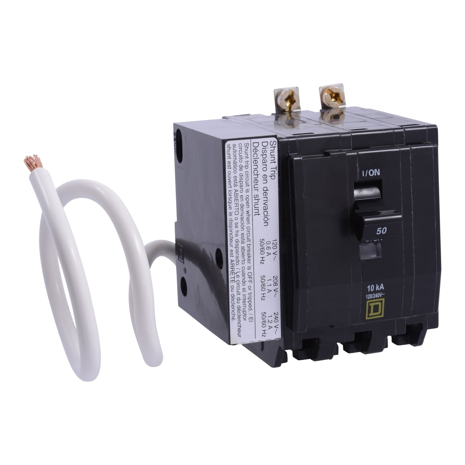 Mini circuit breaker, QO, 50A, 3 pole, 120/240VAC, 10kA, bolt on, switch neutral, AC shunt