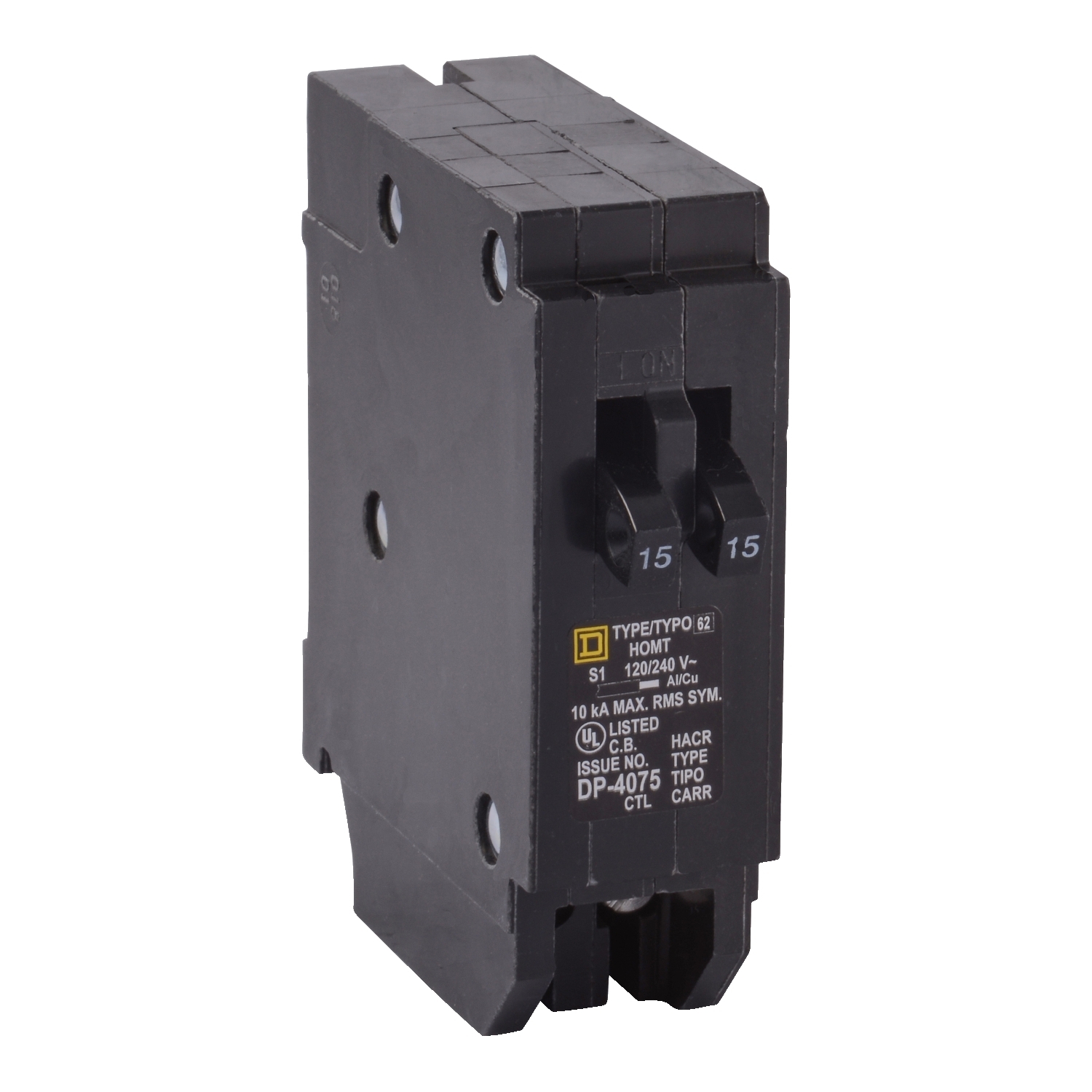 HOMT1515CP Homeline Tandem circuit breaker, Homeline, 2 x 1 pole at 15A, 120/240VAC, 10kA AIR, plug in, UL
