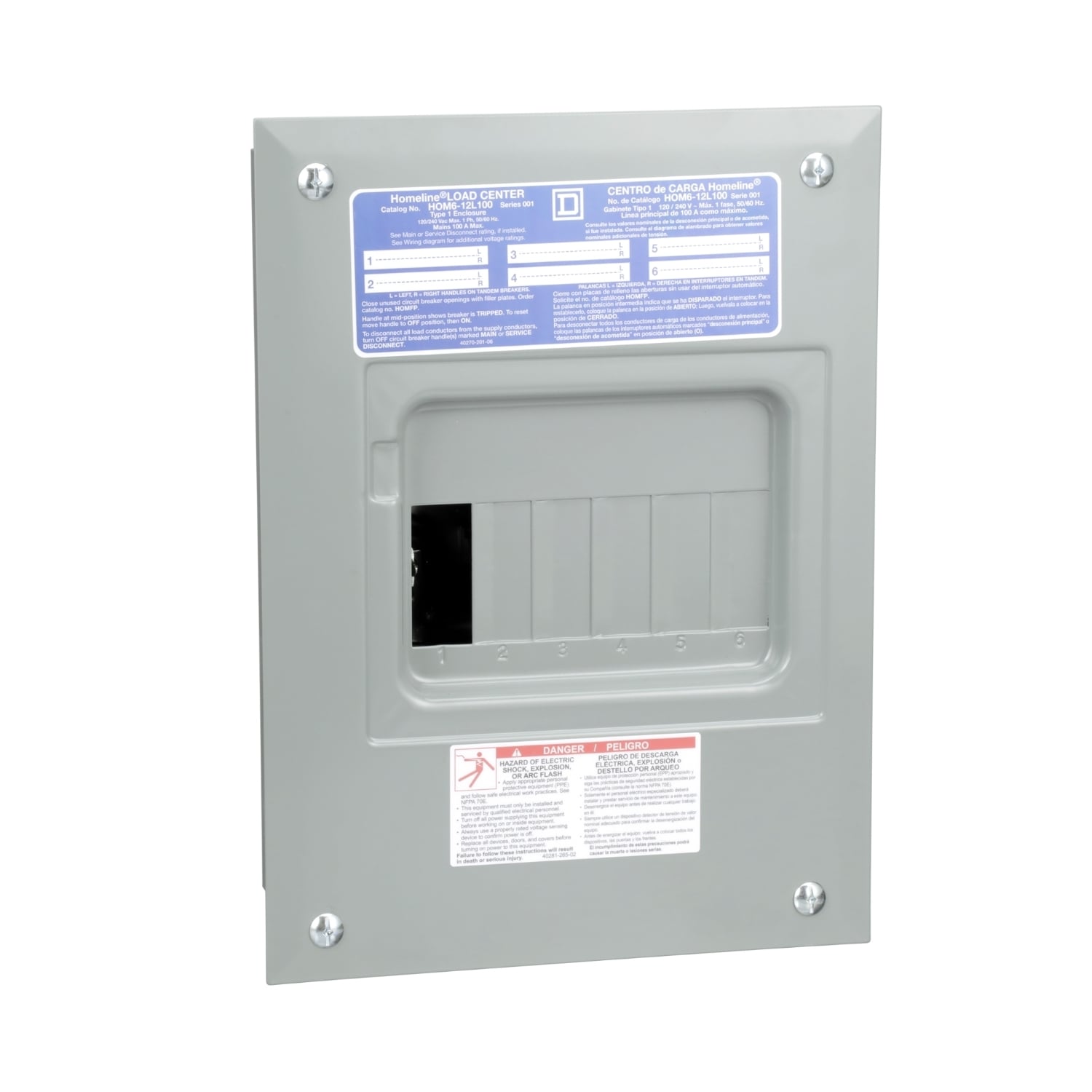 Load center, Homeline, 1 phase, 6 spaces, 12 circuits, 100A fixed main lugs, NEMA1, flush cover, consumer pack