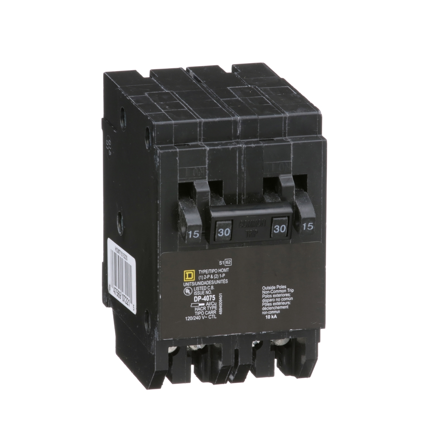 Tandem circuit breaker, Homeline, 2 x 1 pole at 15A, 1 x 2 pole at 30A, 120/240VAC, 10kA AIR, plug in, UL