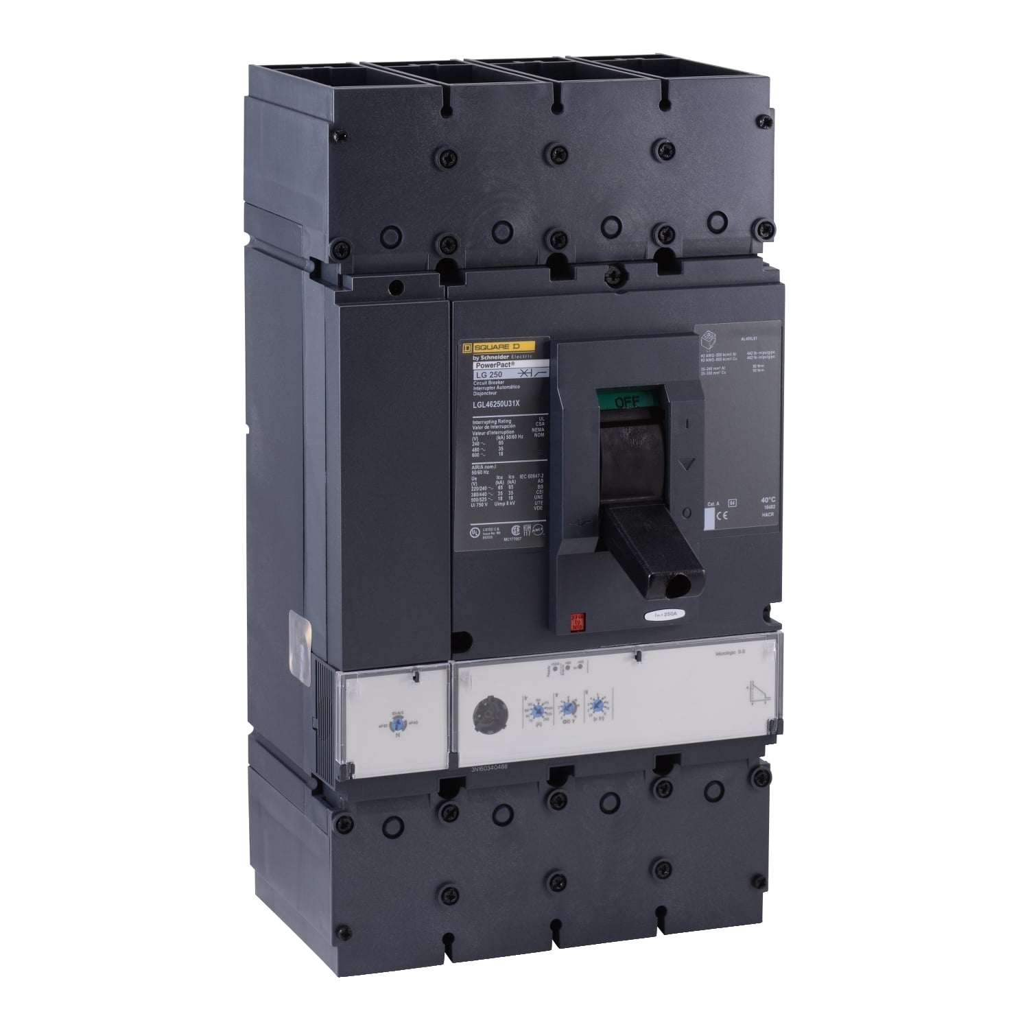 Circuit breaker, PowerPacT L, 250A, 4 pole, 600VAC, 18kA, lugs, MicroLogic 3.3, 80%