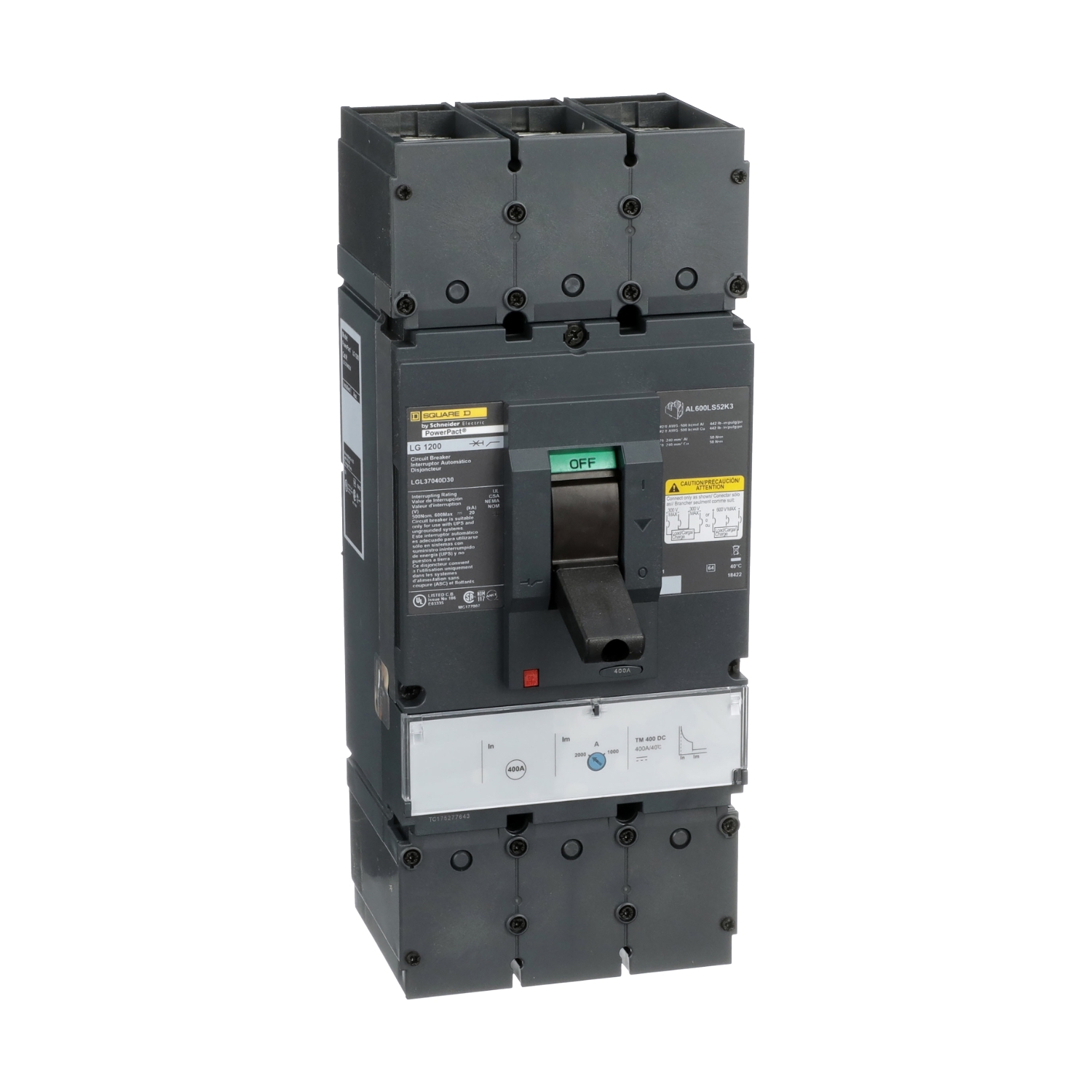 Circuit breaker, PowerPacT L, 400A, 3 pole, 500VDC, 20kA, lugs, thermal magnetic, 80%