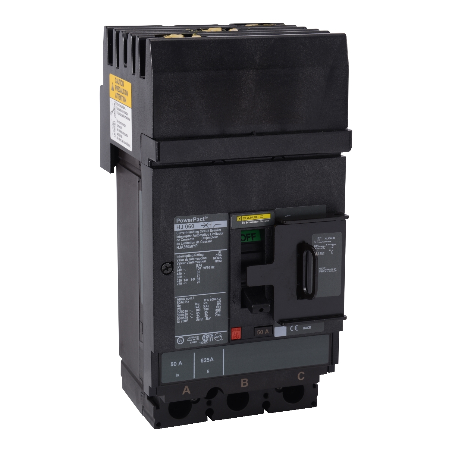 Circuit breaker, PowerPacT H, 20A, 3 pole, 600VAC, 25kA, I-Line, thermal magnetic, 80%, padlock handle, ABC