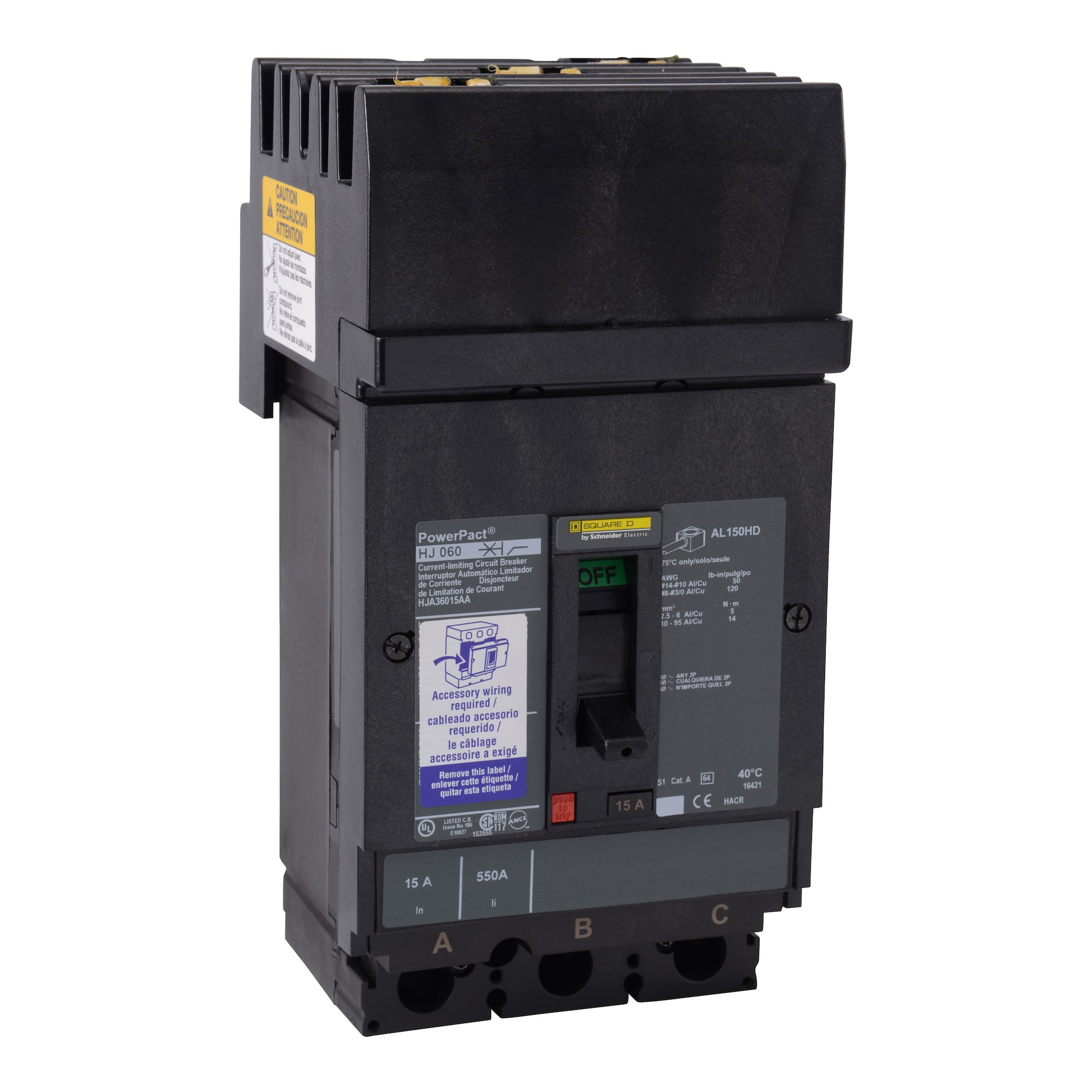 Circuit breaker, PowerPacT H, 100A, 3 pole, 600VAC, 25kA, I-Line, thermal magnetic, 80%, shunt, ABC