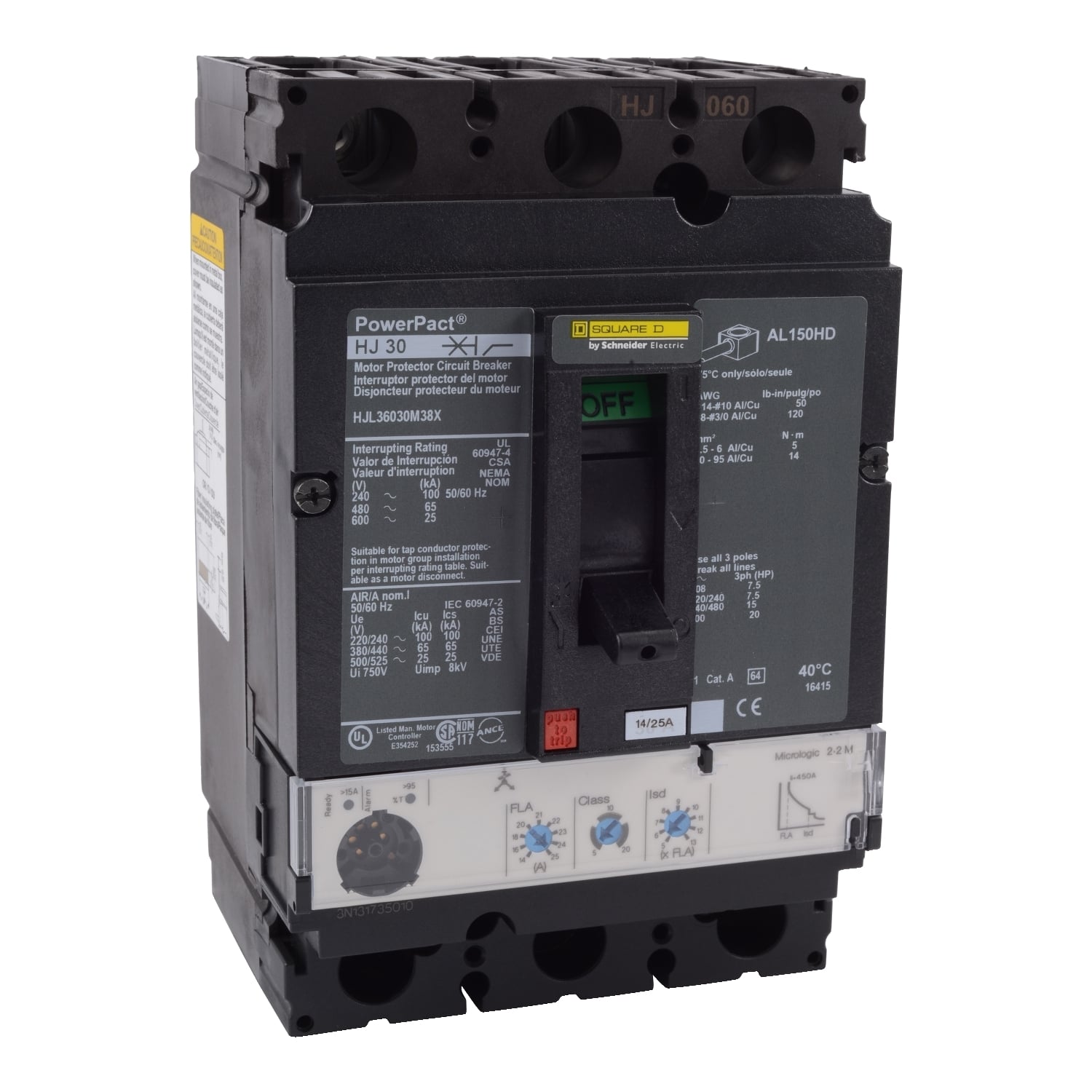 Motor circuit protector, PowerPacT H, 50A, 3 pole, 600VAC, 25kA, lugs, Micrologic 2.2M, 80%