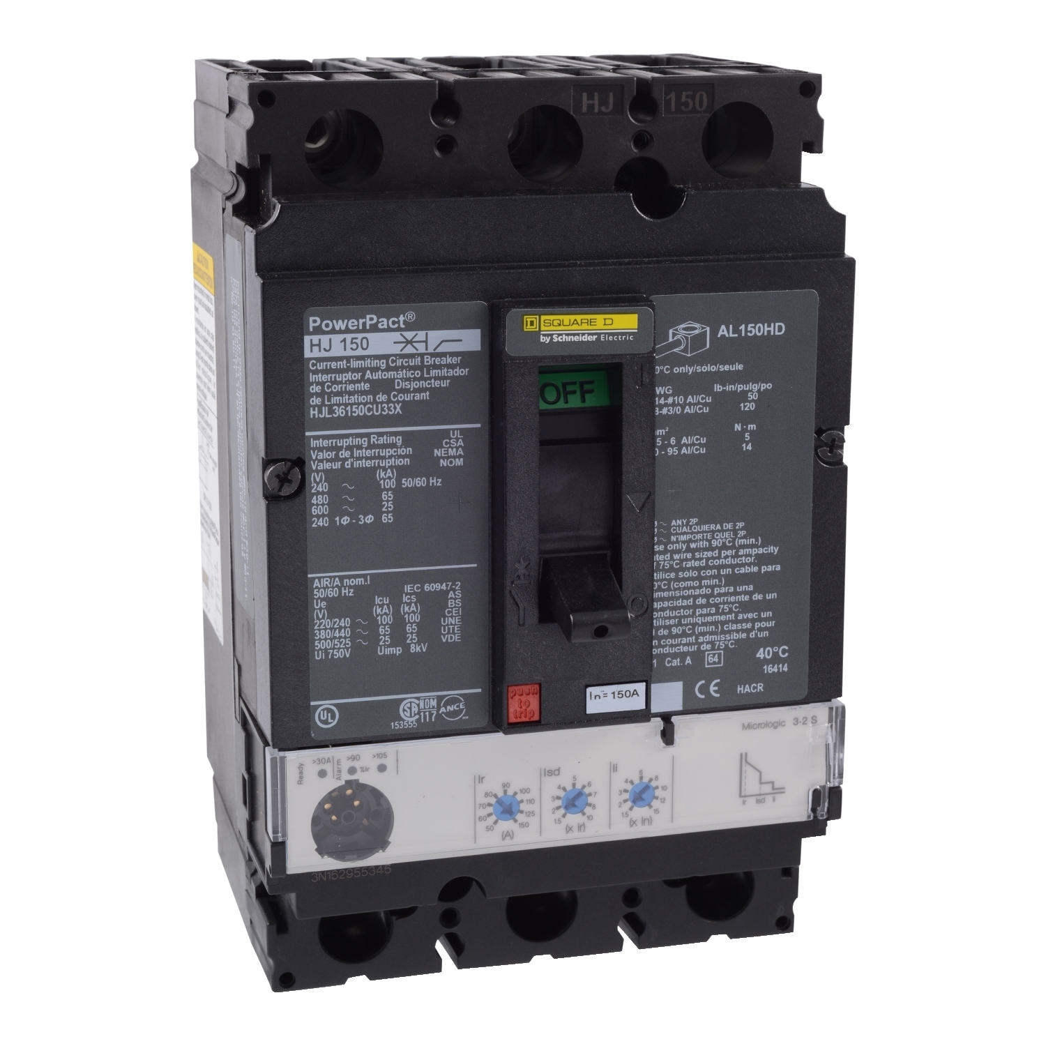 Circuit breaker, PowerPacT H, 150A, 3 pole, 600VAC, 25kA, lugs, Micrologic 3.2S, 100%