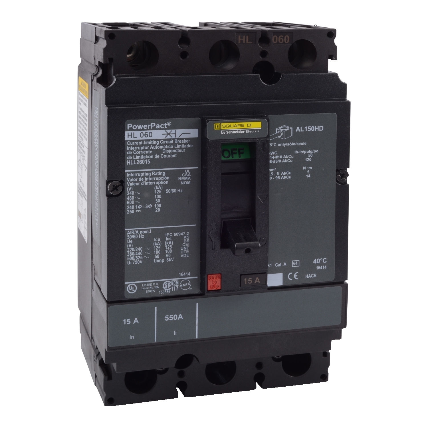 Circuit breaker, PowerPacT H, 60A, 2 pole, 600VAC, 50kA, lugs, thermal magnetic, 80%