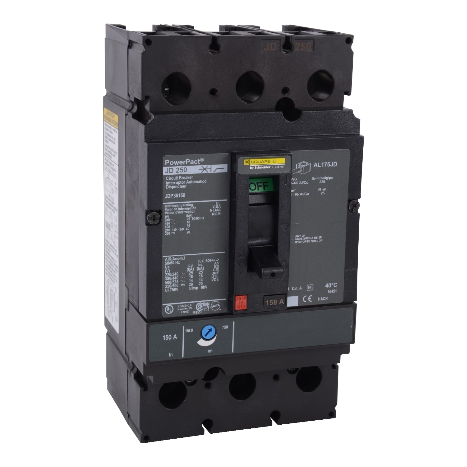 Circuit breaker, PowerPacT J, 150A, 3 pole, 600VAC, 14kA, lugs, thermal magnetic, 80%