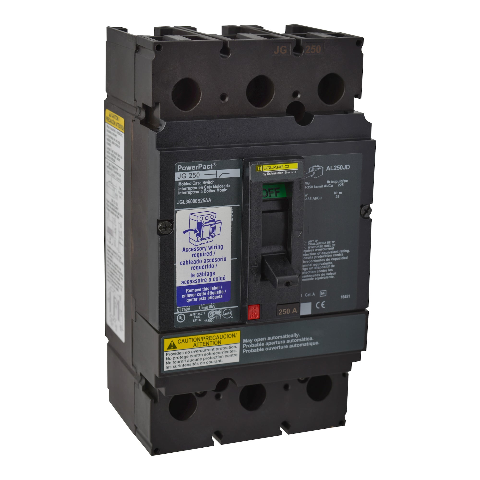 Automatic switch, PowerPacT J, 250A, 3 pole, 600VAC, 18kA, lugs, magnetic, aux