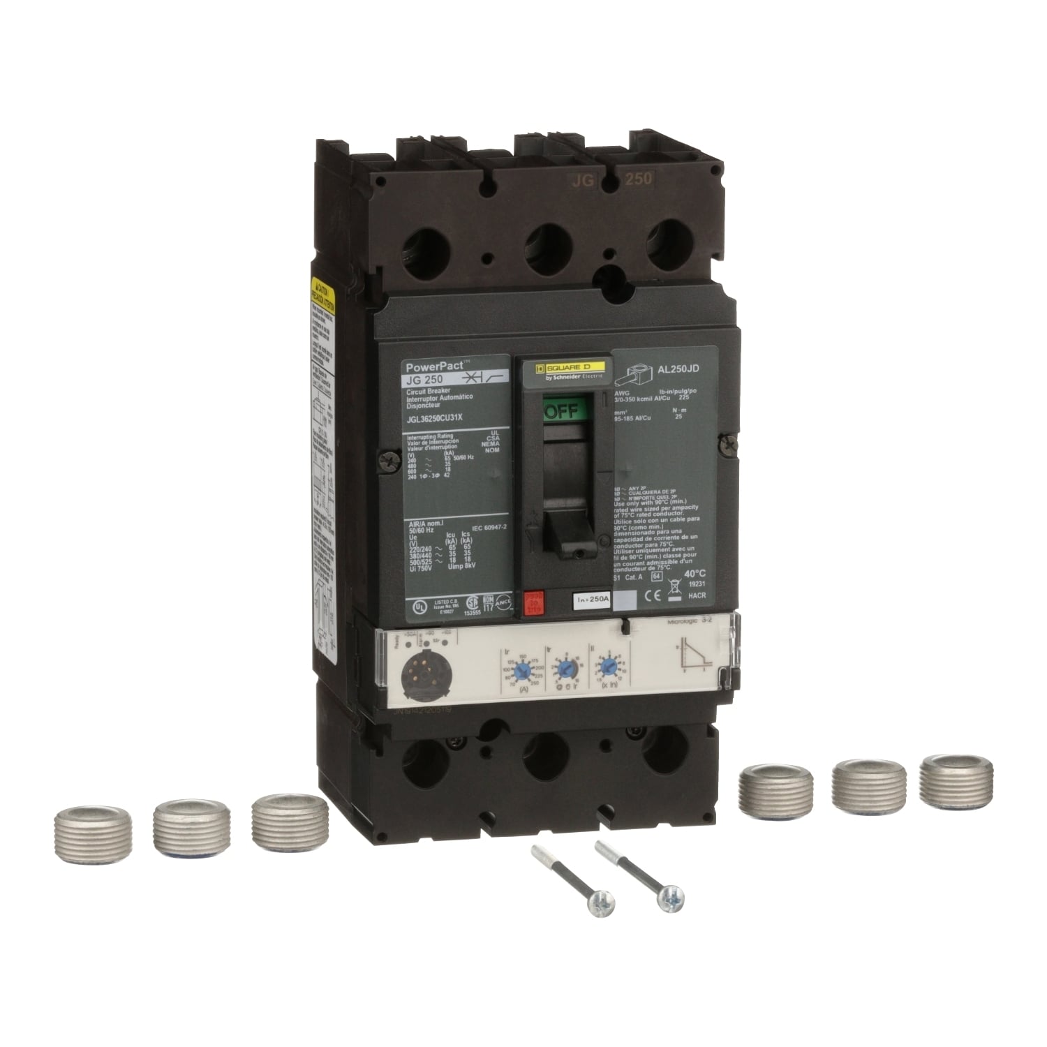 Circuit breaker, PowerPacT J, 250A, 3 pole, 600VAC, 18kA, lugs, Micrologic 3.2, 80%