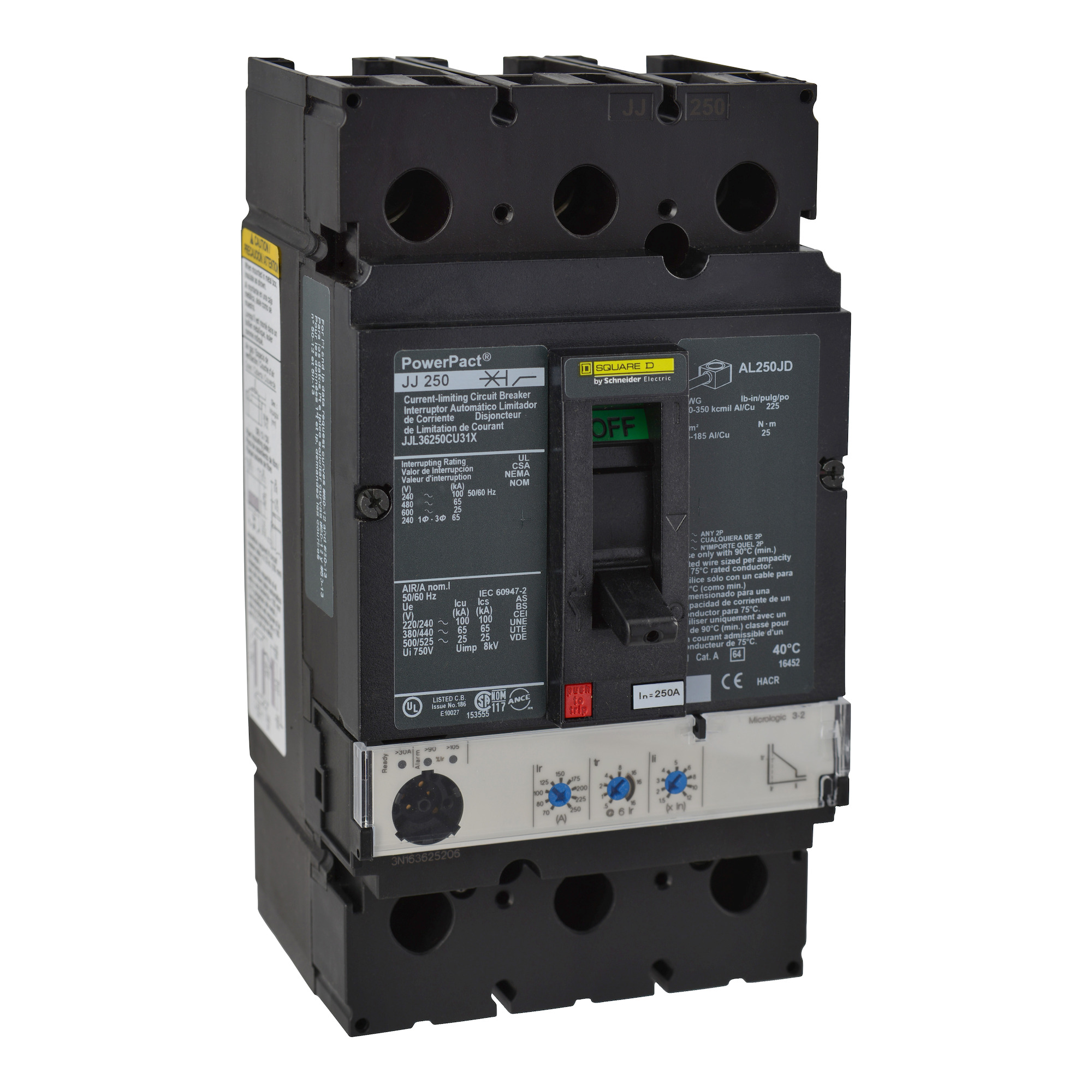 Circuit breaker, PowerPacT J, 250A, 3 pole, 480VAC, 65kA, lugs, Micrologic 3.2S, 80%, mission critical