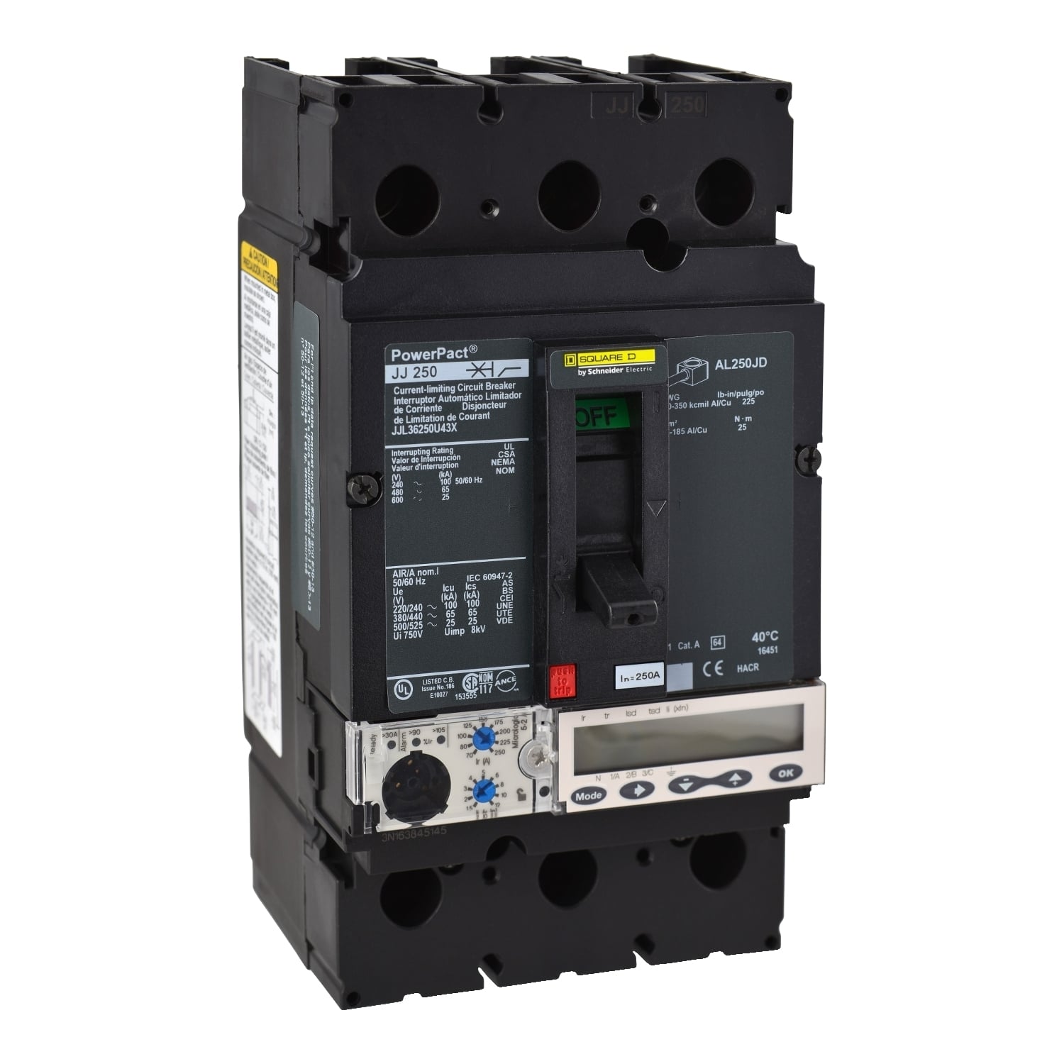 Circuit breaker, PowerPacT J, 250A, 3 pole, 600VAC, 25kA, lugs, Micrologic 5.2A, 100%