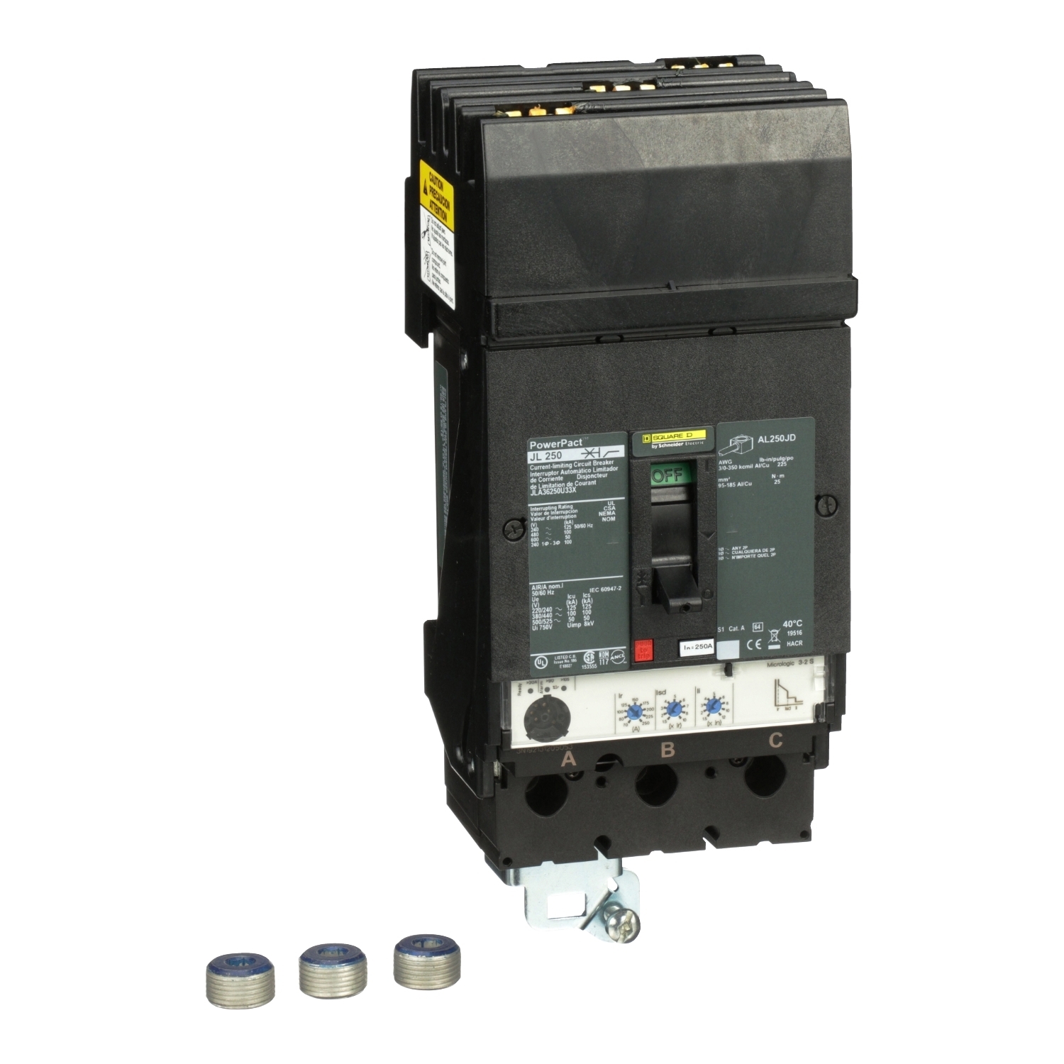 Circuit breaker, PowerPacT J, 250A, 3 pole, 600VAC, 50kA, I-Line, Micrologic 3.2S, 80%, ABC