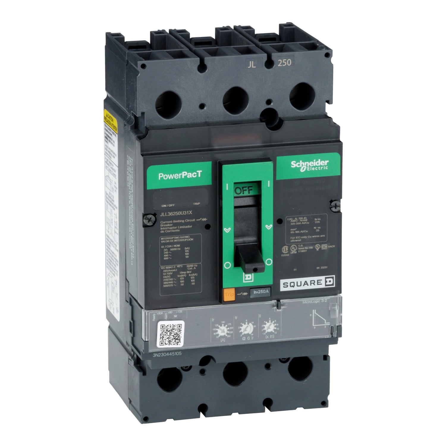 Circuit breaker, PowerPacT J, 250A, 3 pole, 600VAC, 50kA, lugs, Micrologic 3.2, 80%