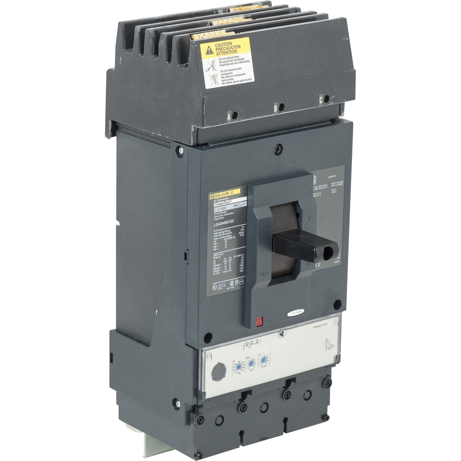 Circuit breaker, PowerPacT L, 400A, 3 pole, 480VAC, 35kA, I-Line, Micrologic 3.3S, 80%, ABC, mission critical