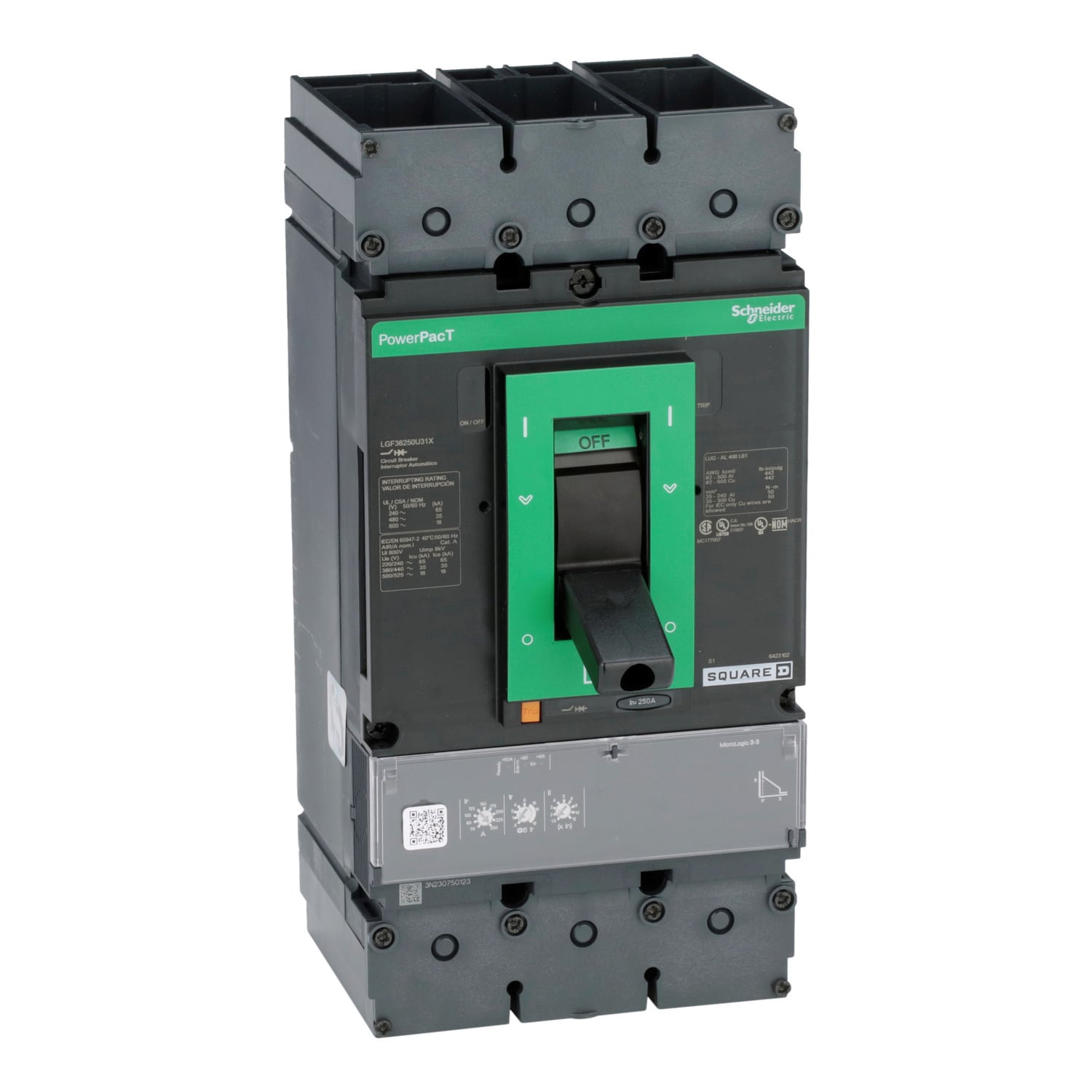Circuit breaker, PowerPacT L, 250A, 3 pole, 600VAC, 18kA, busbar, MicroLogic 3.3, 80%