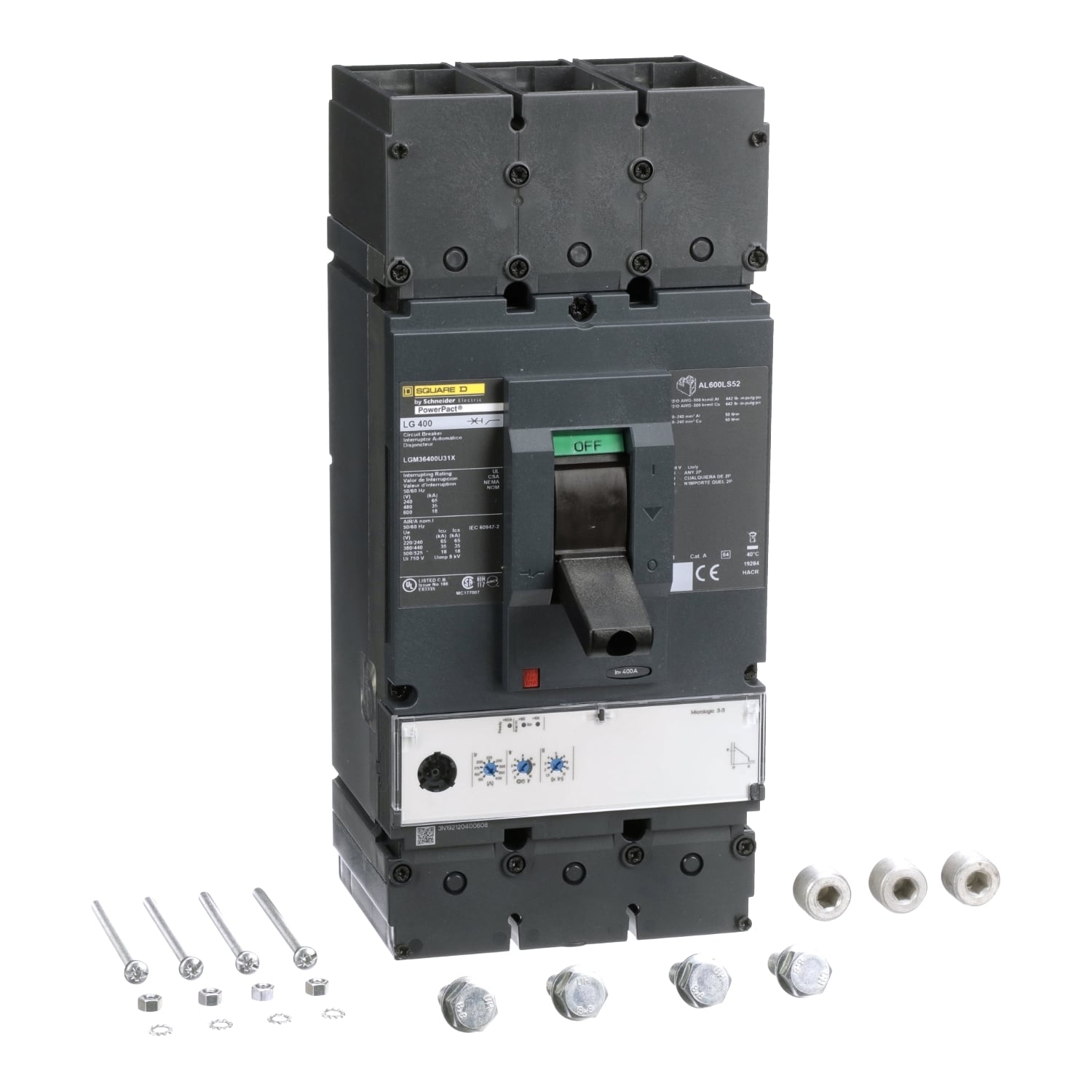 Circuit breaker, PowerPacT L, 600A, 3 pole, 600VAC, 18kA, lugs, MicroLogic 3.3, 80%