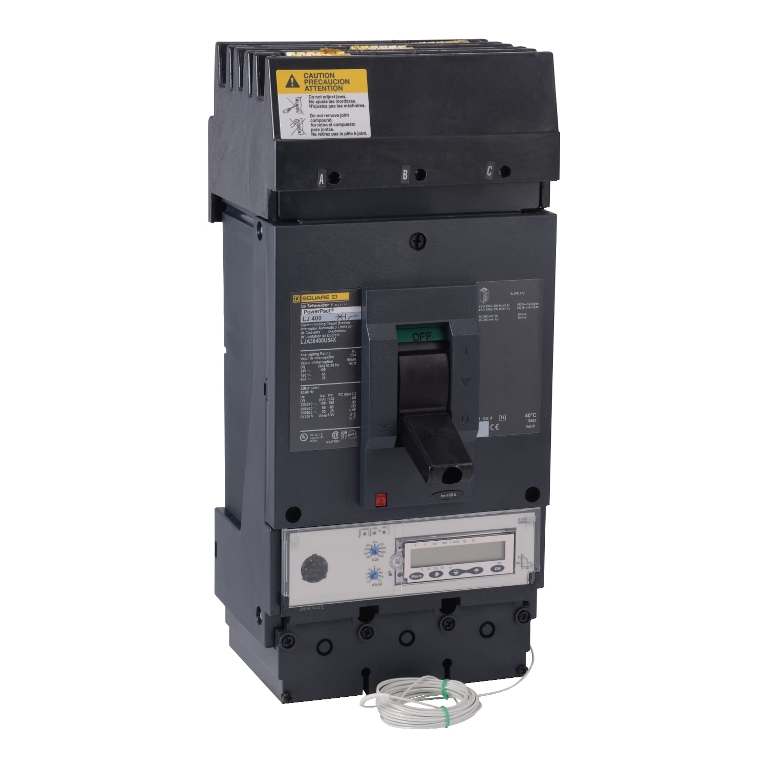 Circuit breaker, PowerPacT L, 600A, 3 pole, 600VAC, 25kA, I-Line, MicroLogic 6.3E, 80%, ABC