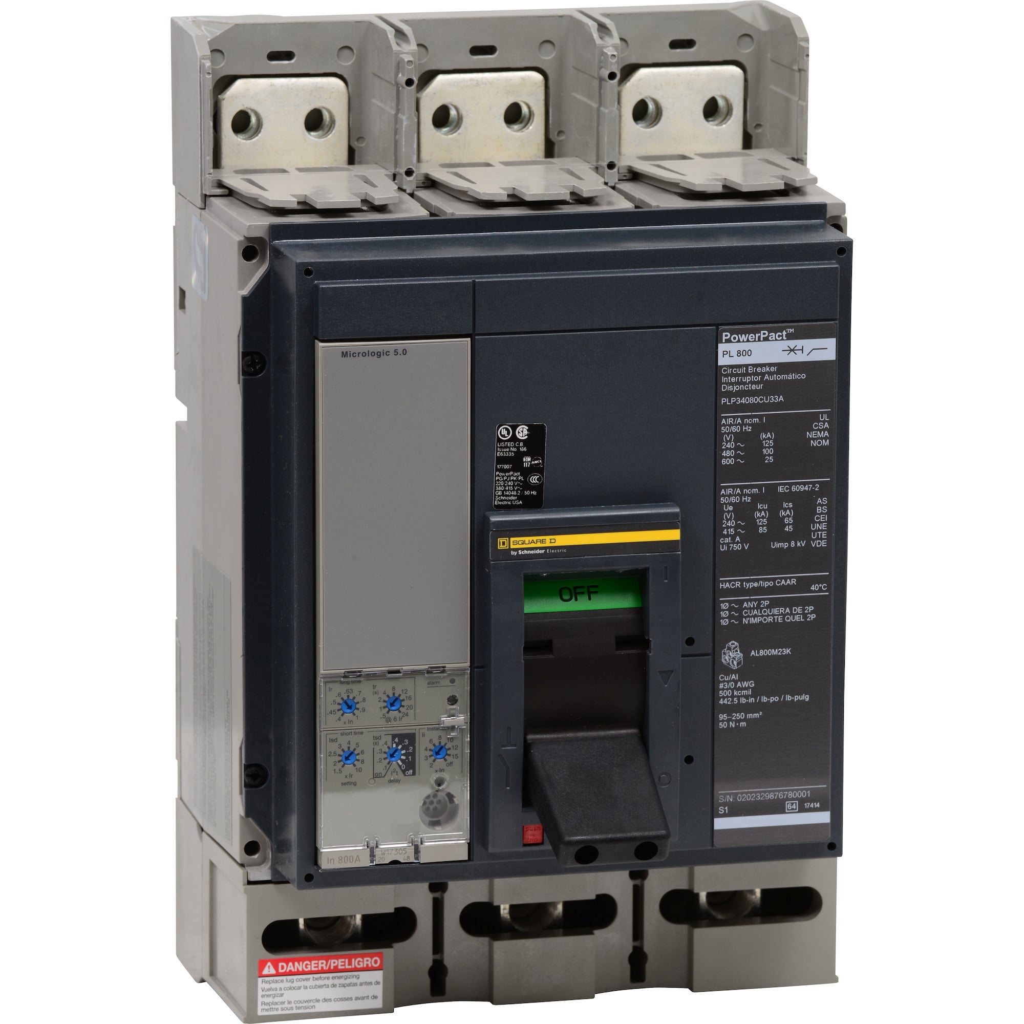 Circuit breaker, PowerPacT P, 800A, 3 pole, 480VAC, 100kA, lugs, Micrologic 5.0, 100%