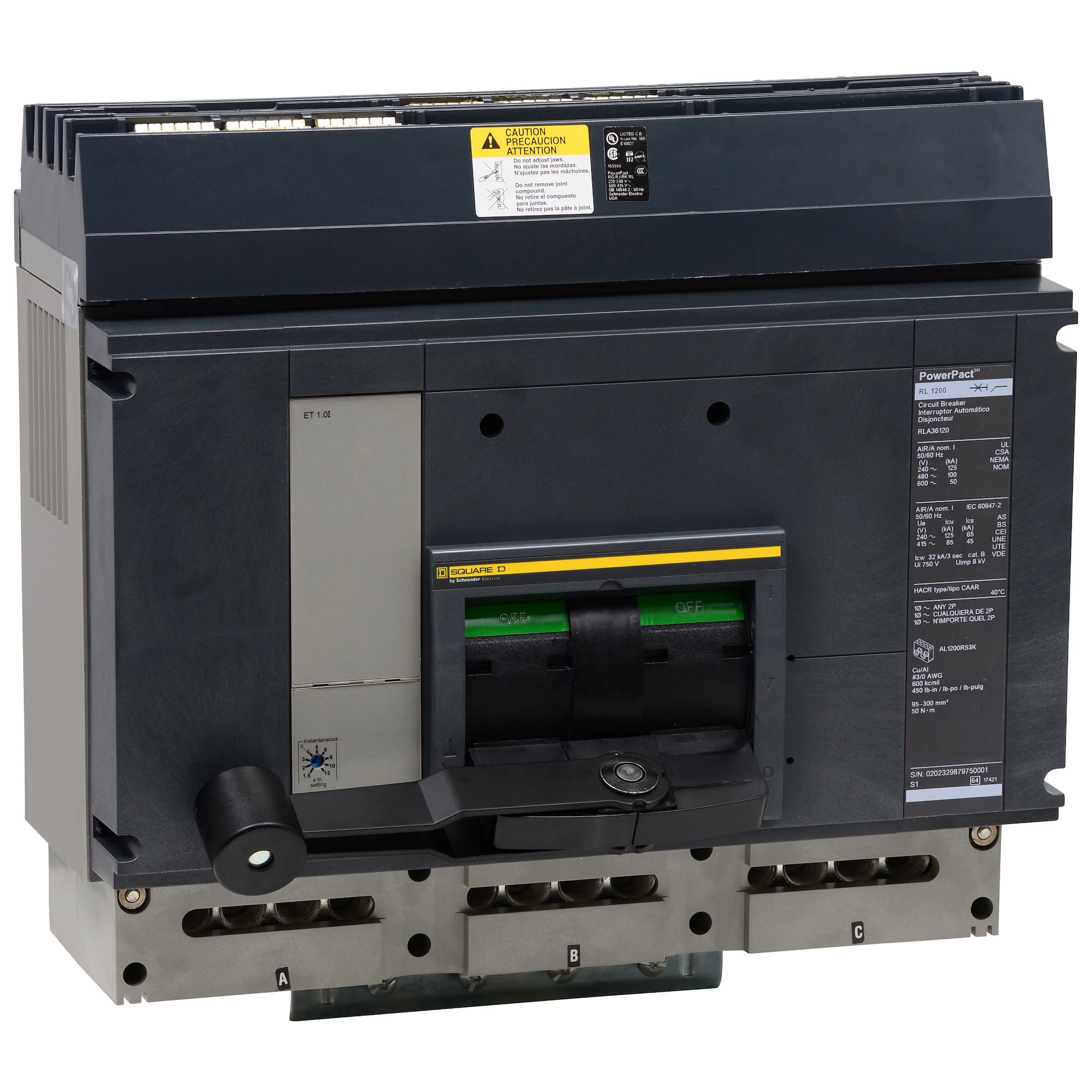 Circuit breaker, PowerPacT R, 1000A, 3 pole, 600VAC, 65kA, I-Line, Micrologic 5.0A, 100%