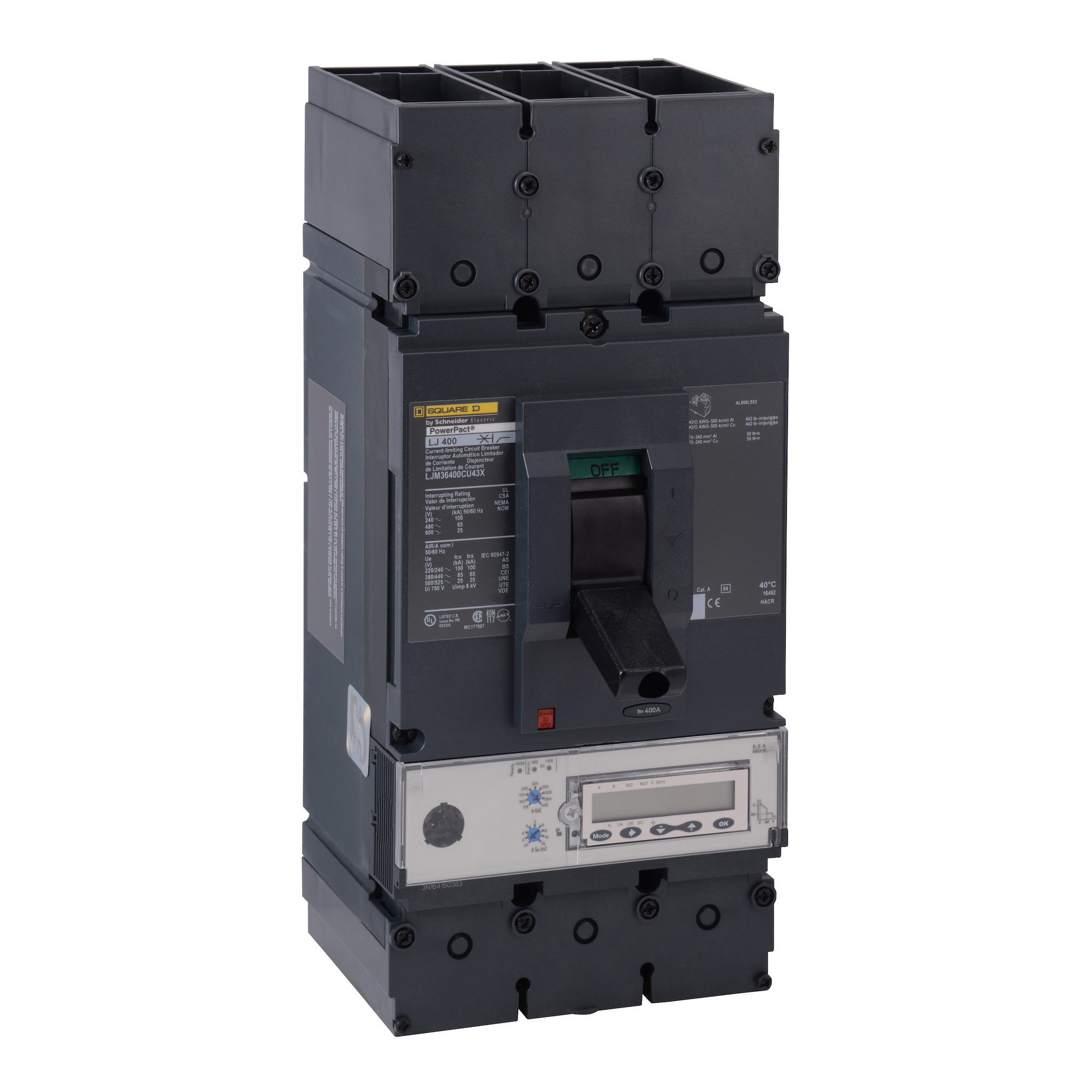 Circuit breaker, PowerPacT L, 400A, 3 pole, 600VAC, 25kA, lugs, Micrologic 5.3A, 100%