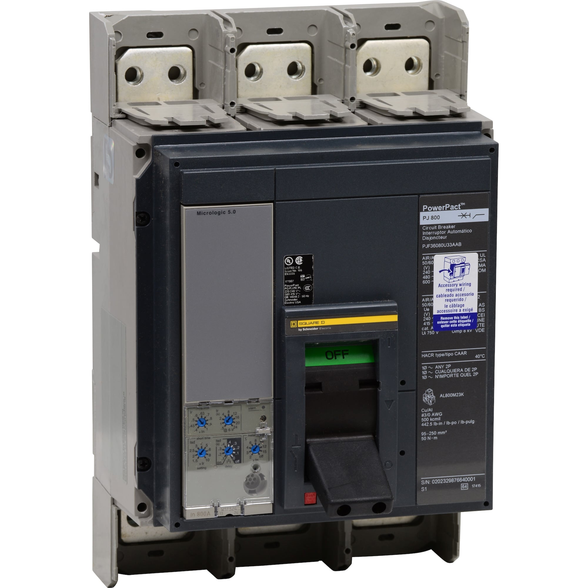 Circuit breaker, PowerPacT P, unit mount, Micrologic 5.0, 800A, 3 pole, 100kA, 480VAC, auxiliary switch, 100% rated