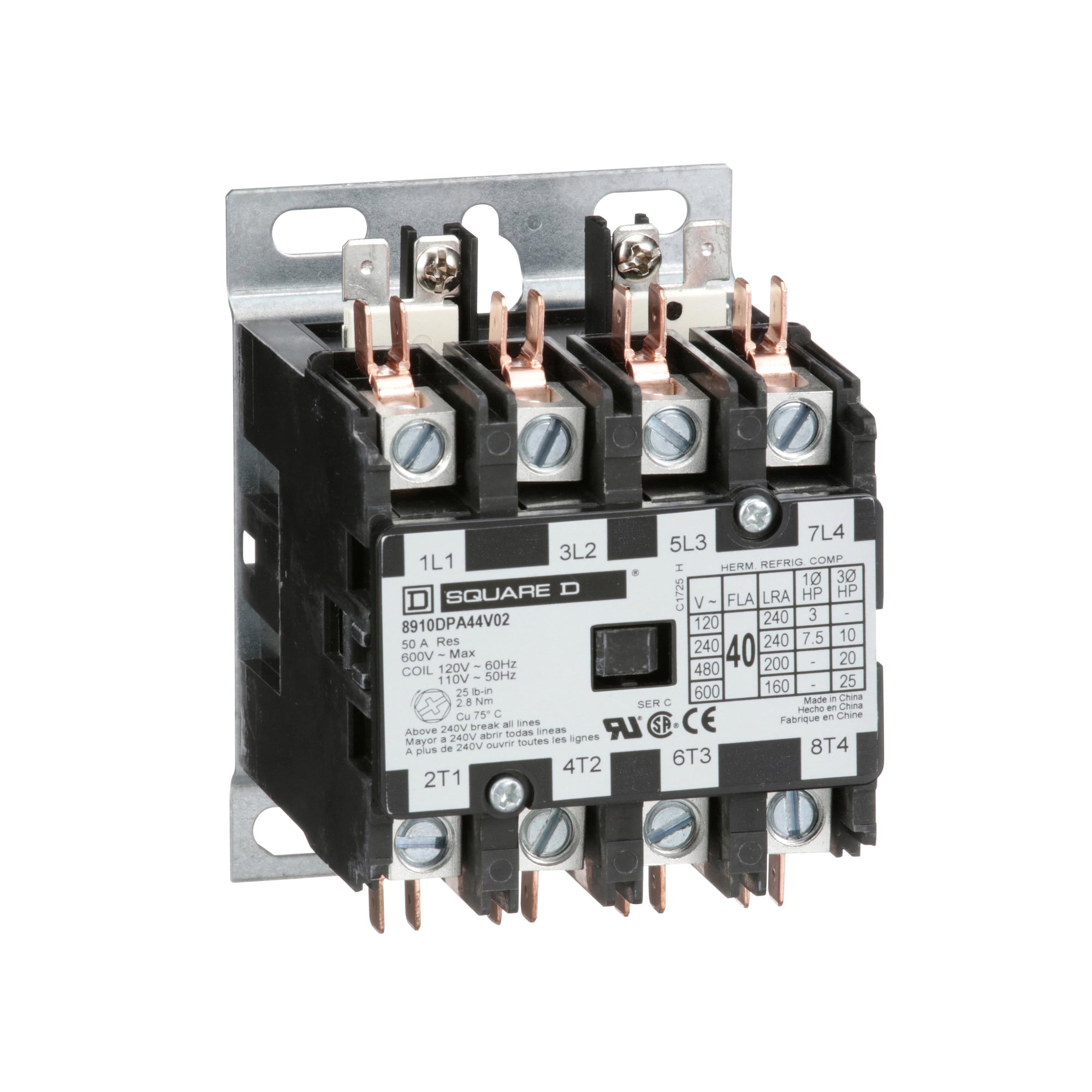 Contactor, Definite Purpose,  20A, 4 pole, 7.5 HP at 575 VAC, 3 phase, 277 VAC 60 Hz coil, open