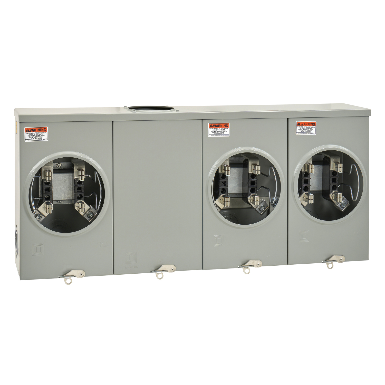 Meter socket, horizontal ganged, ringless socket, 200A, 3 position, 4 jaws, 600 VAC max, overhead/underground, no bypass