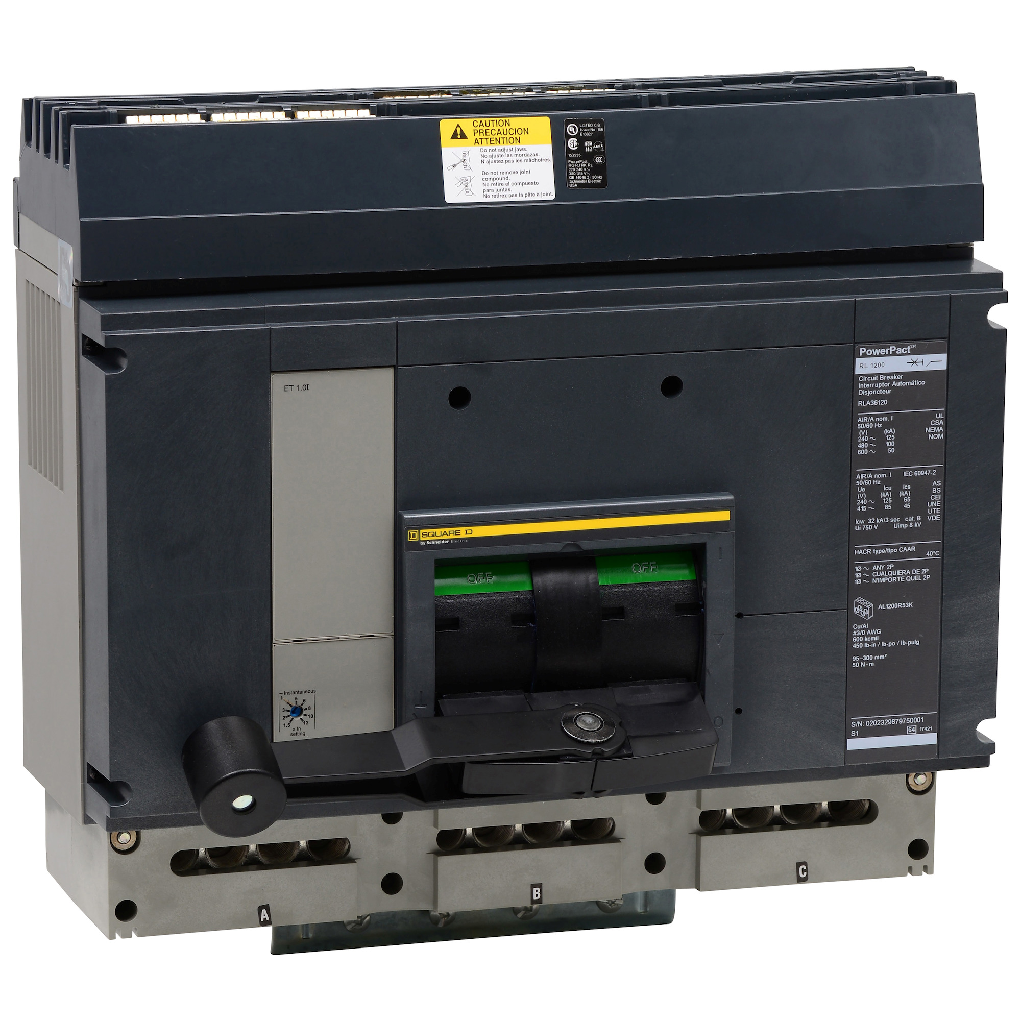 Circuit breaker, PowerPact R, I-Line, Micrologic 3.0, 1200A, 3 pole, 25 kA@600 VAC, phase ABC, Aux Switch