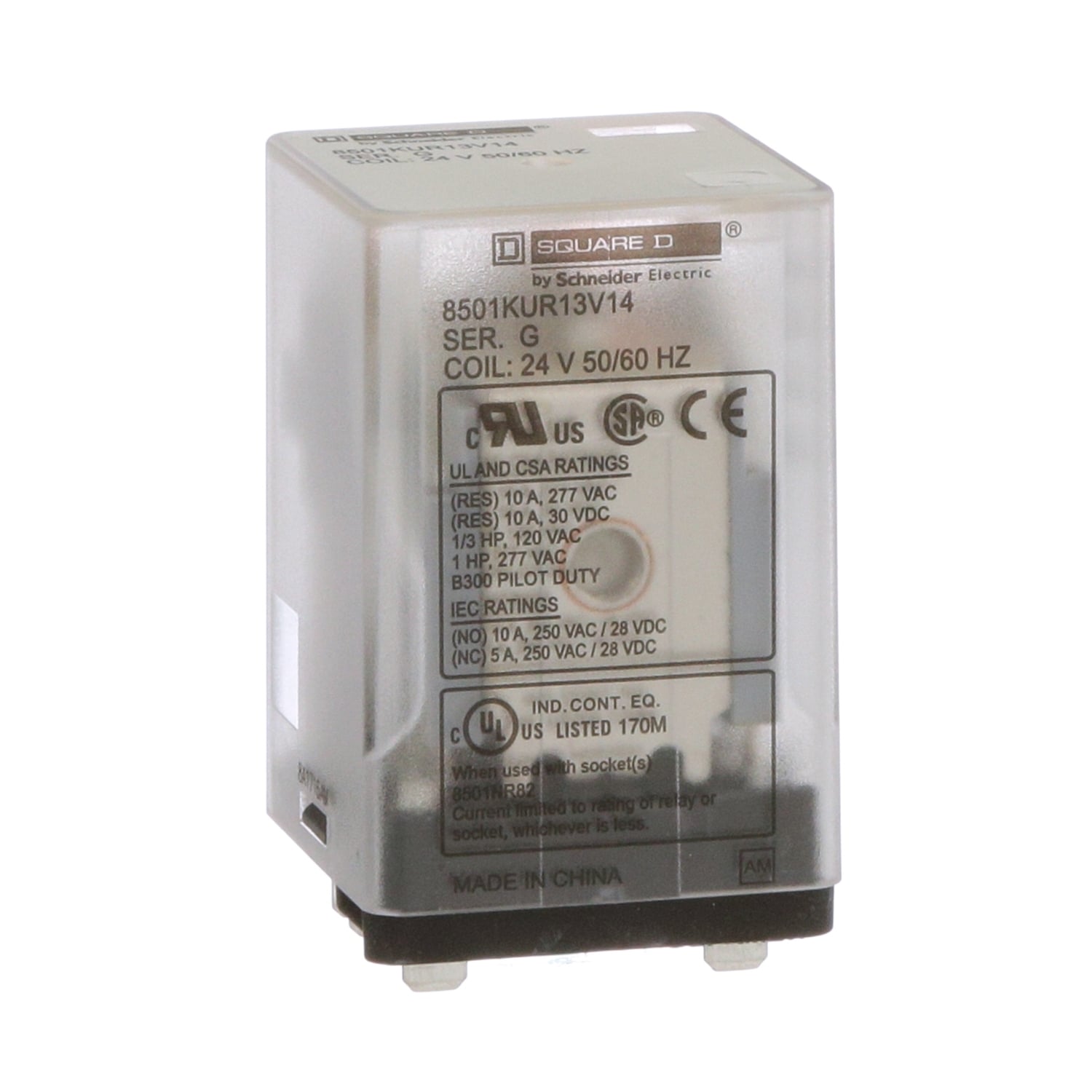 Plug in relay, Type KU, blade, 0.5 HP at 240 VAC, 10A resistive at 120 VAC, 11 blade, 3PDT, 3 NO, 3 NC, 24 VAC coil