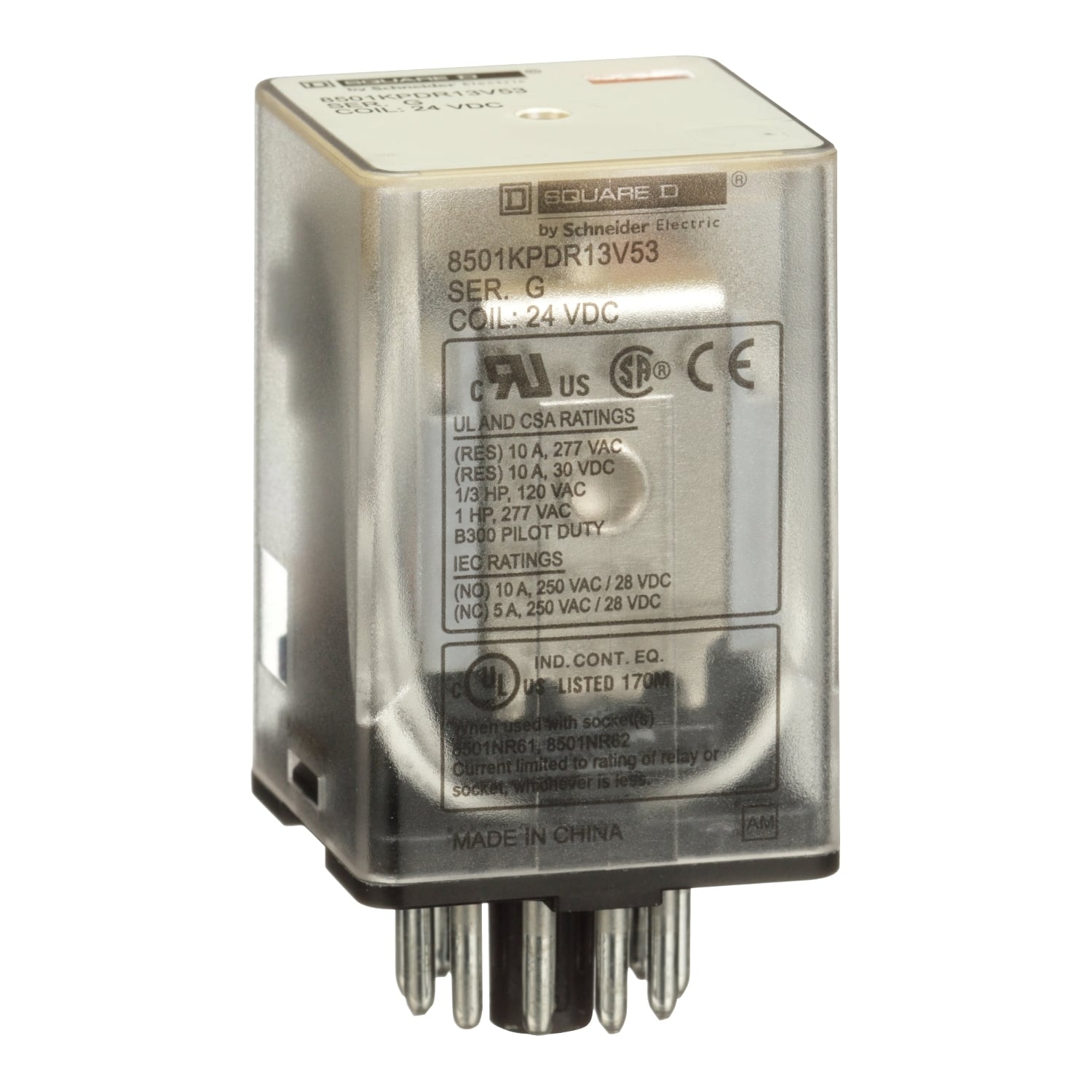Plug in relay, Type KP, tubular, 1 HP at 277 VAC, 10A resistive at 120 VAC, 11 pin, 3PDT, 3 NO, 3 NC, 24 VDC coil