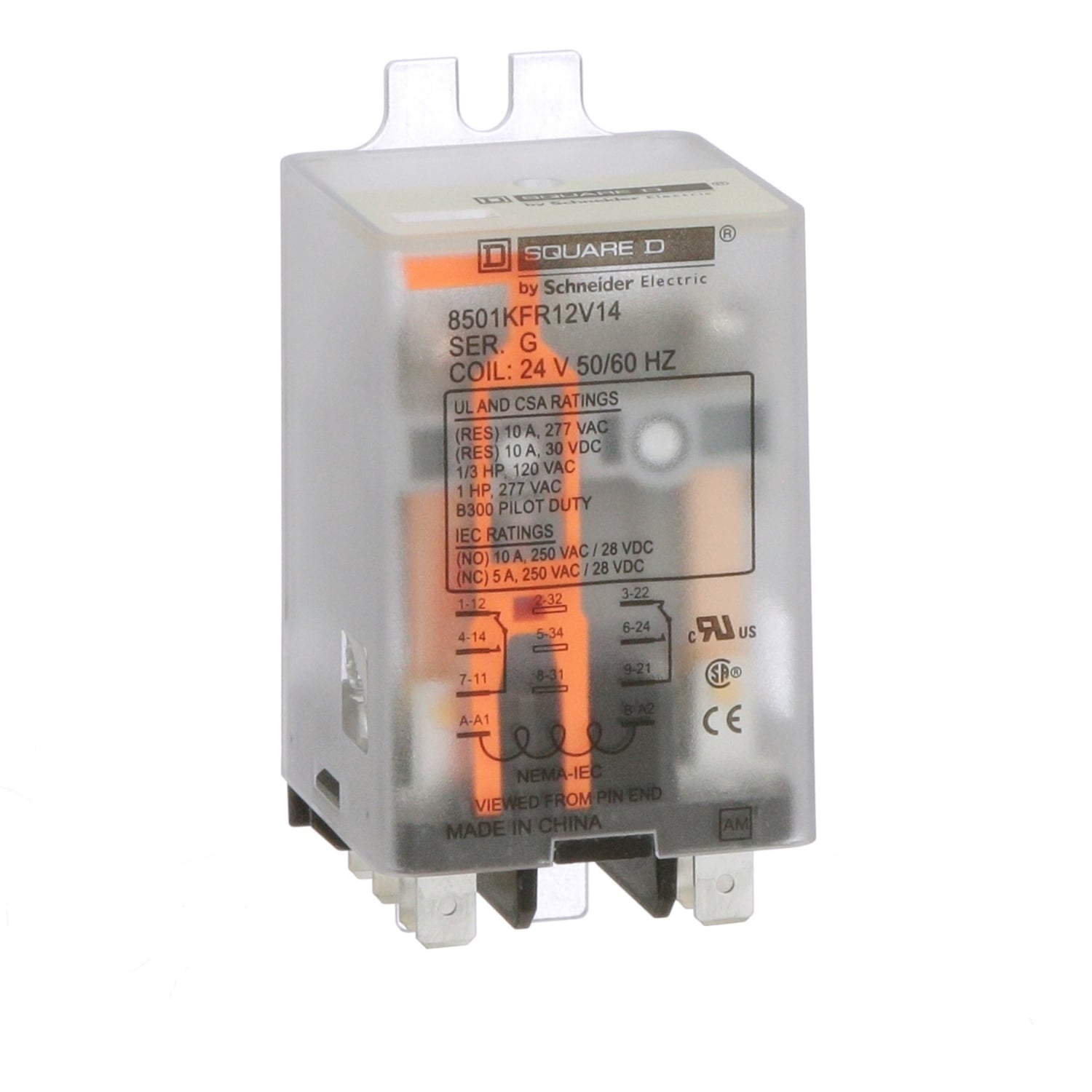 Plug in relay, Type KF, flange mounted, 1 HP at 277 VAC, 10A resistive at 277 VAC, DPDT, 2 NO, 2 NC, 24 VAC coil