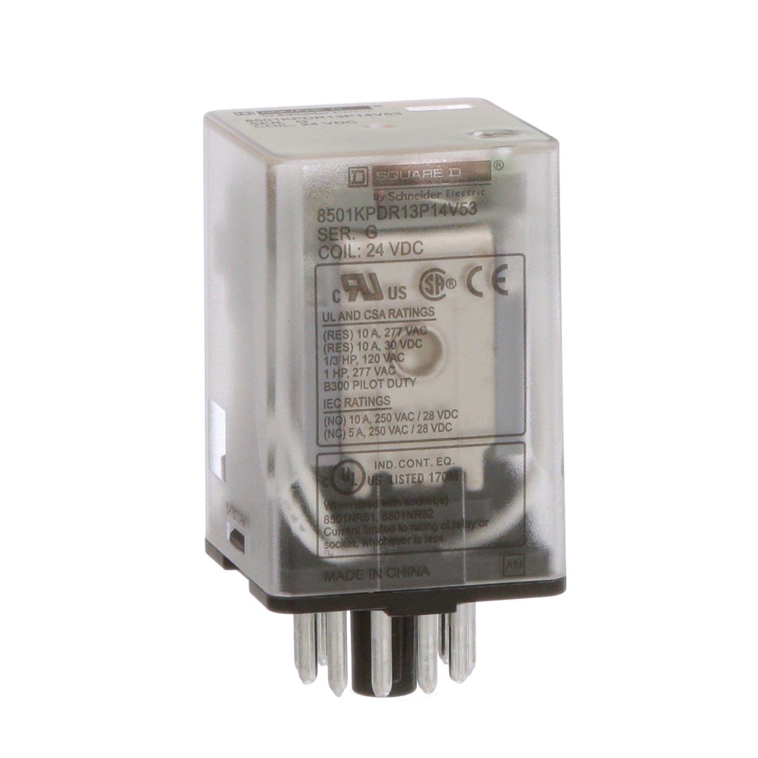 Plug in relay, Type KP, tubular, 1 HP at 277 VAC, 10A resistive at 120 VAC, 11 pin, 3PDT, 3 NO, 3 NC, 24 VDC coil, light
