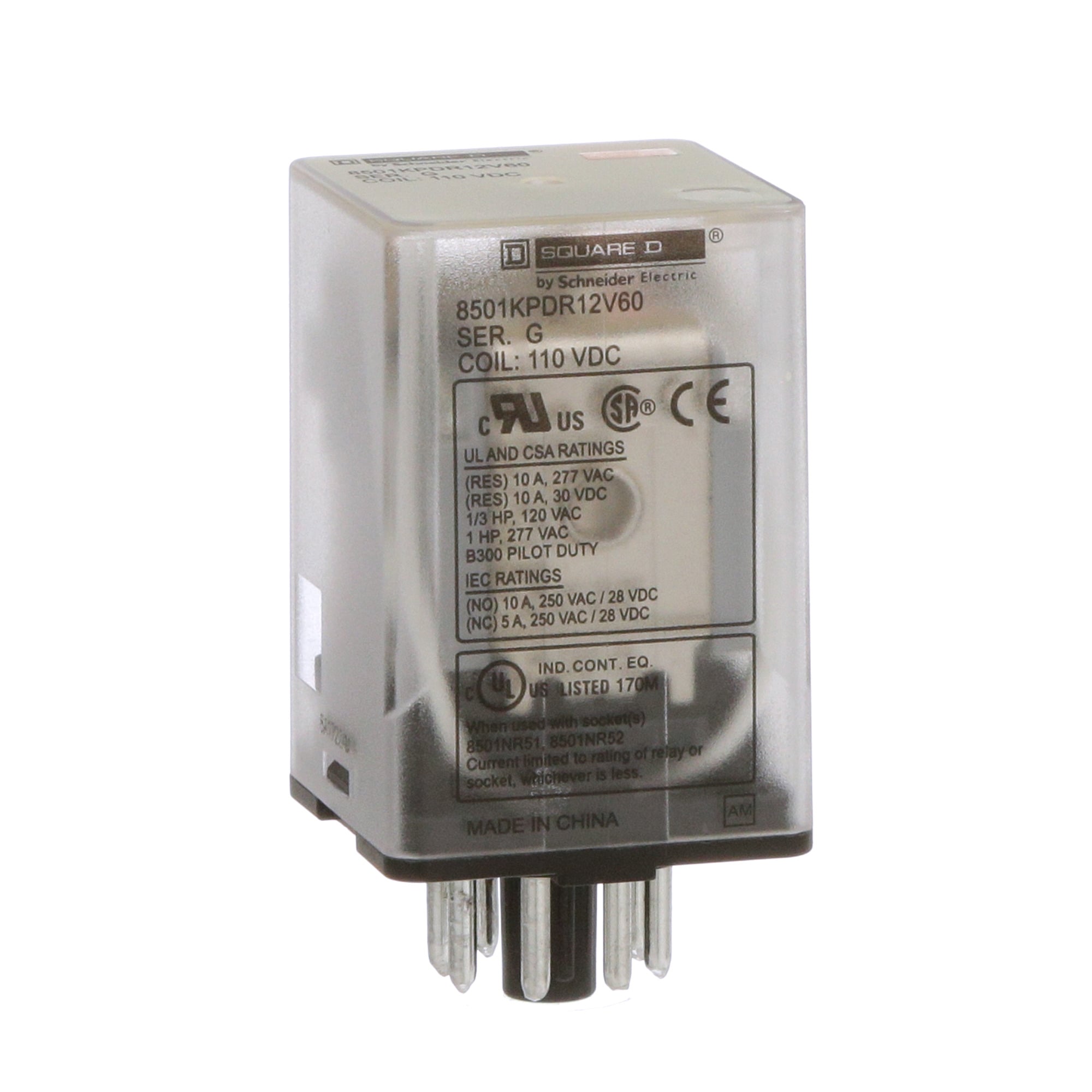 Plug in relay, Type KP, tubular, 1 HP at 277 VAC, 10A resistive at 120 VAC, 8 pin, DPDT, 2 NO, 2 NC, 110 VDC coil