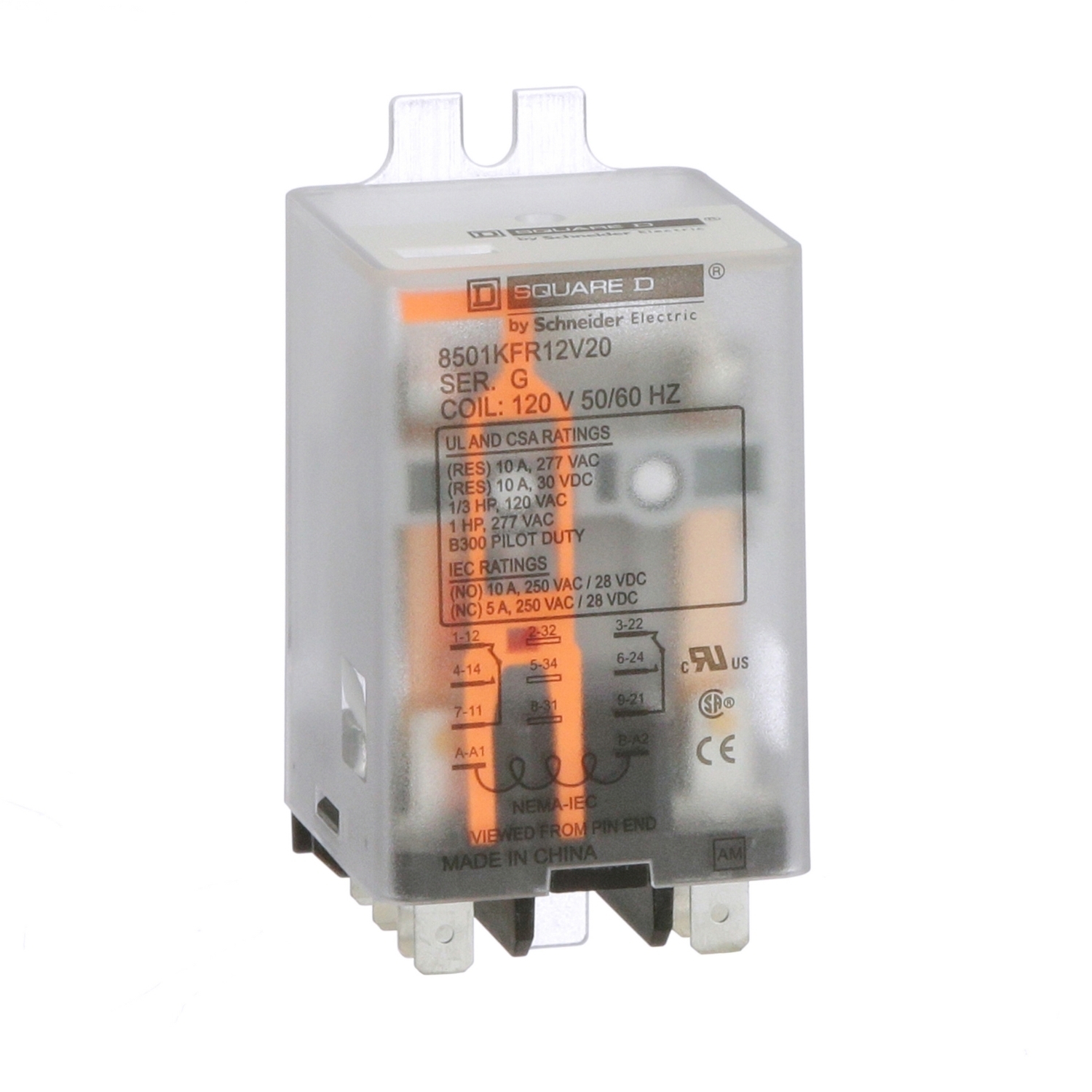 Plug in relay, Type KF, flange mounted, 1 HP at 277 VAC, 10A resistive at 277 VAC, DPDT, 2 NO, 2 NC, 120 VAC coil