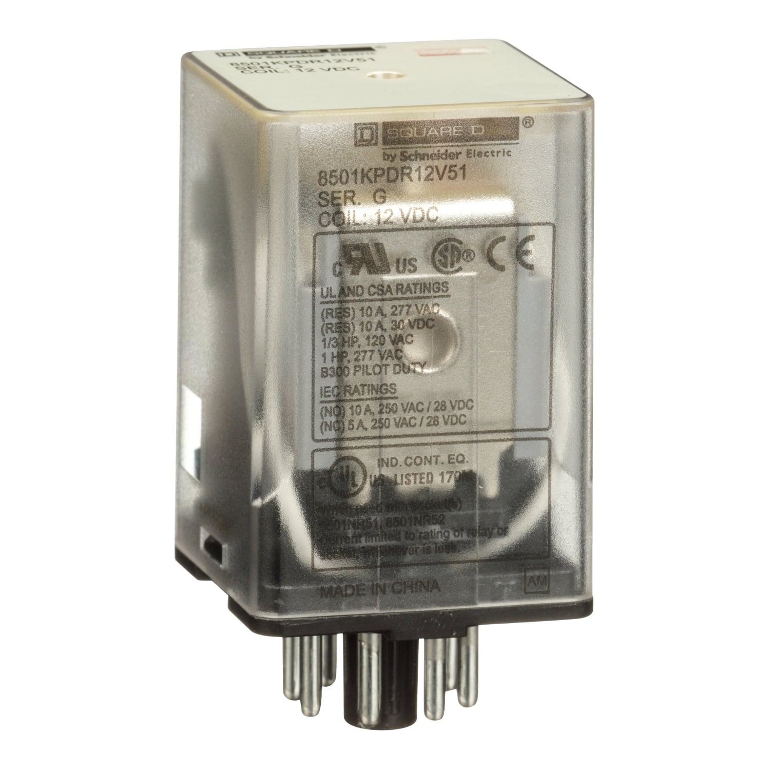 Plug in relay, Type KP, tubular, 1 HP at 277 VAC, 10A resistive at 120 VAC, 8 pin, DPDT, 2 NO, 2 NC, 12 VDC coil