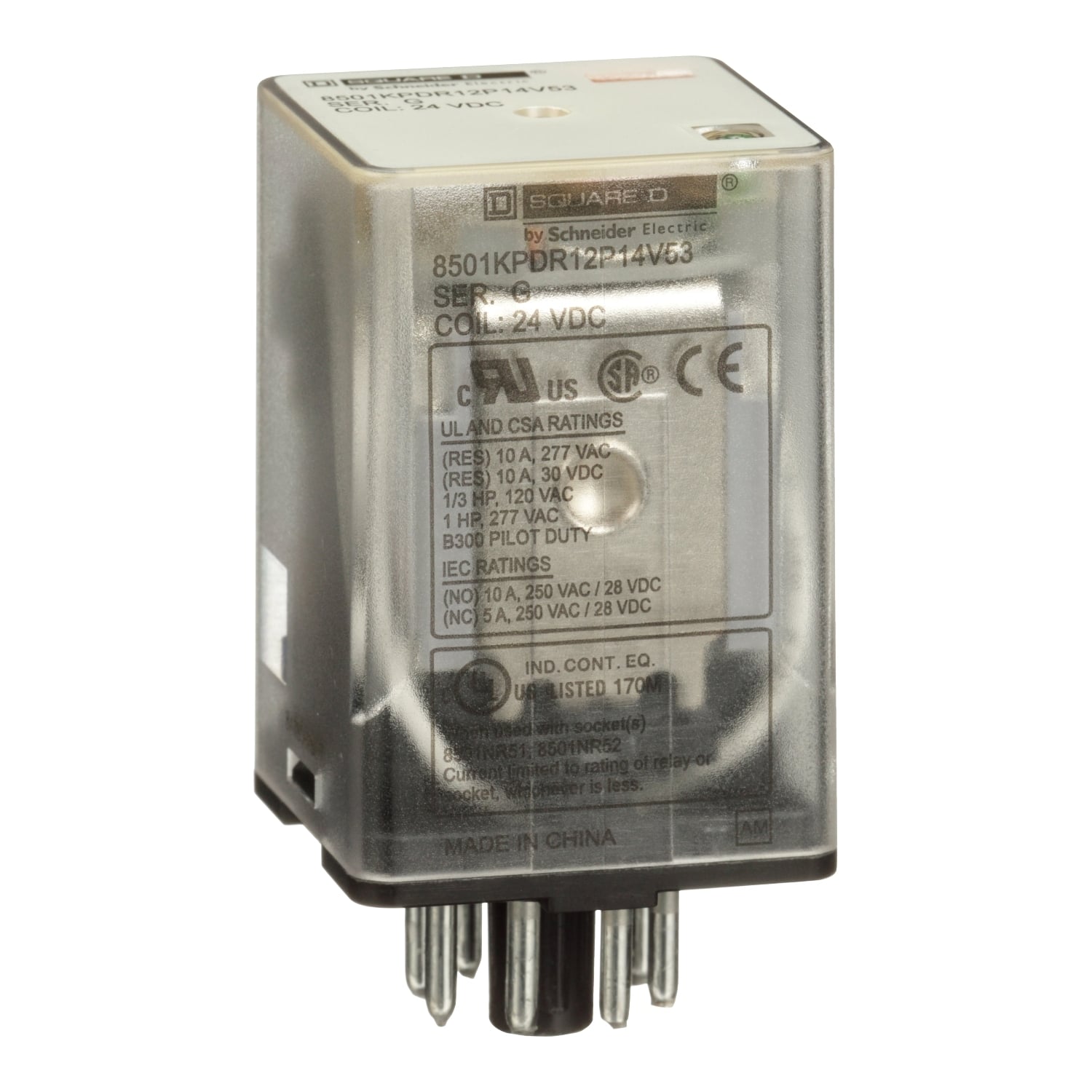 Relay, Harmony 8501K, DPDT, 8 pins, LED, coil, 24V DC, 10A resistive at 120V AC, 1 HP at 277V AC, 2NO + 2NC