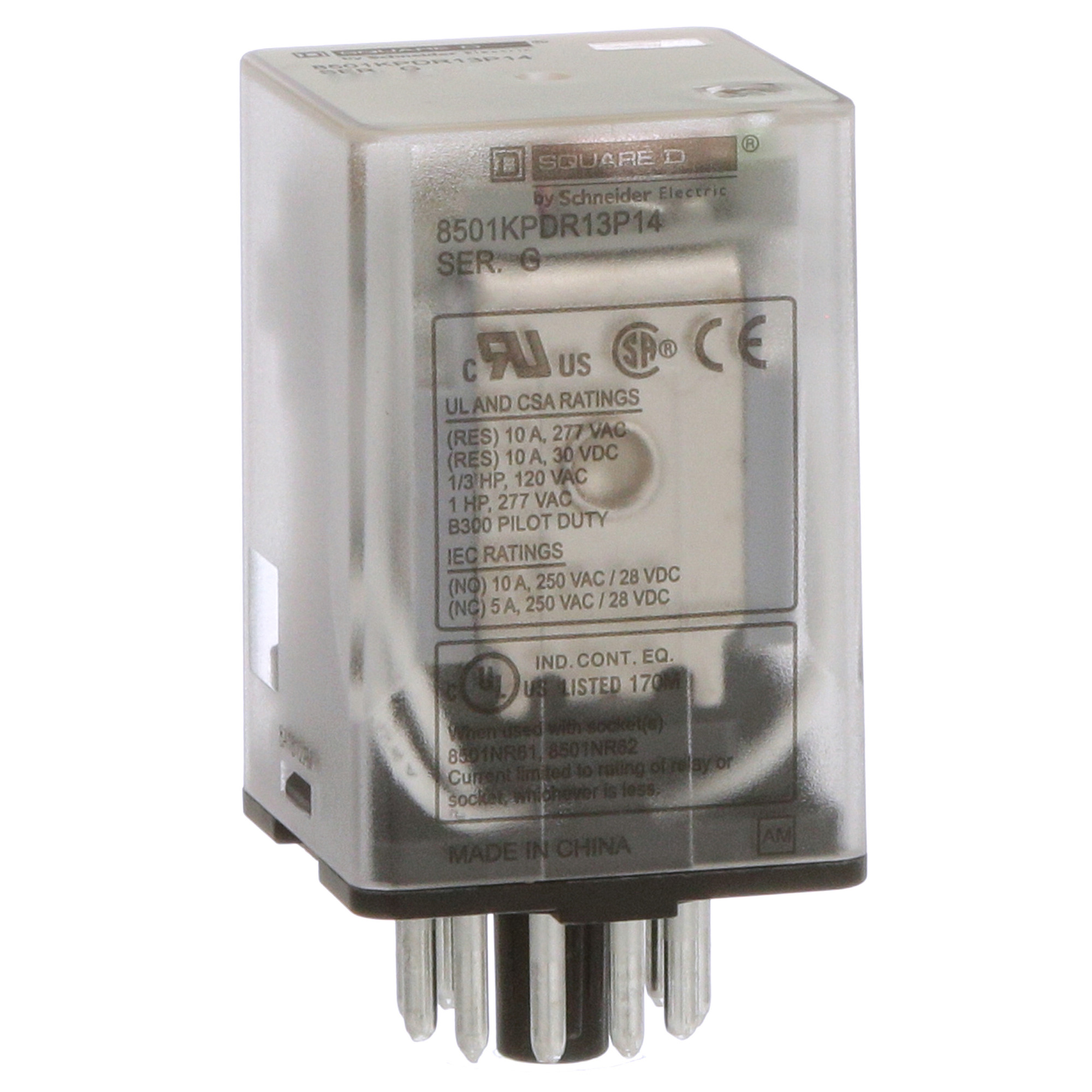 Plug in relay, Type KP, tubular, 1 HP at 277 VAC, 10A resistive at 120 VAC, 11 pin, 3PDT, 3 NO, 3 NC, 12 VDC coil, light