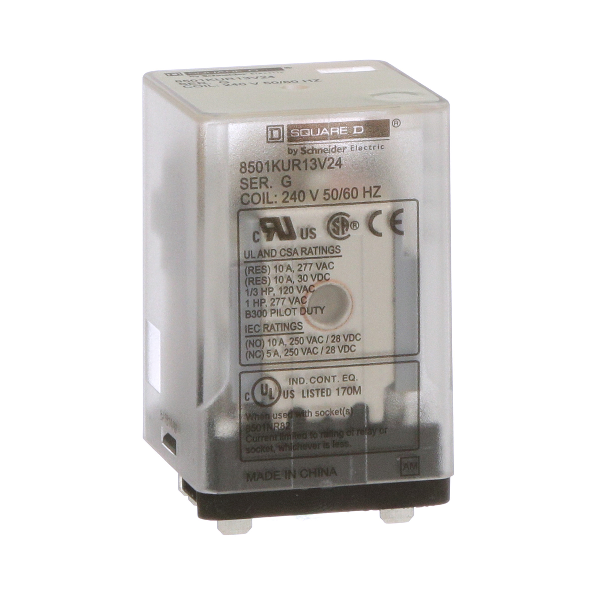 Plug in relay, Type KU, blade, 0.5 HP at 240 VAC, 10A resistive at 120 VAC, 11 blade, 3PDT, 3 NO, 3 NC, 240 VAC coil